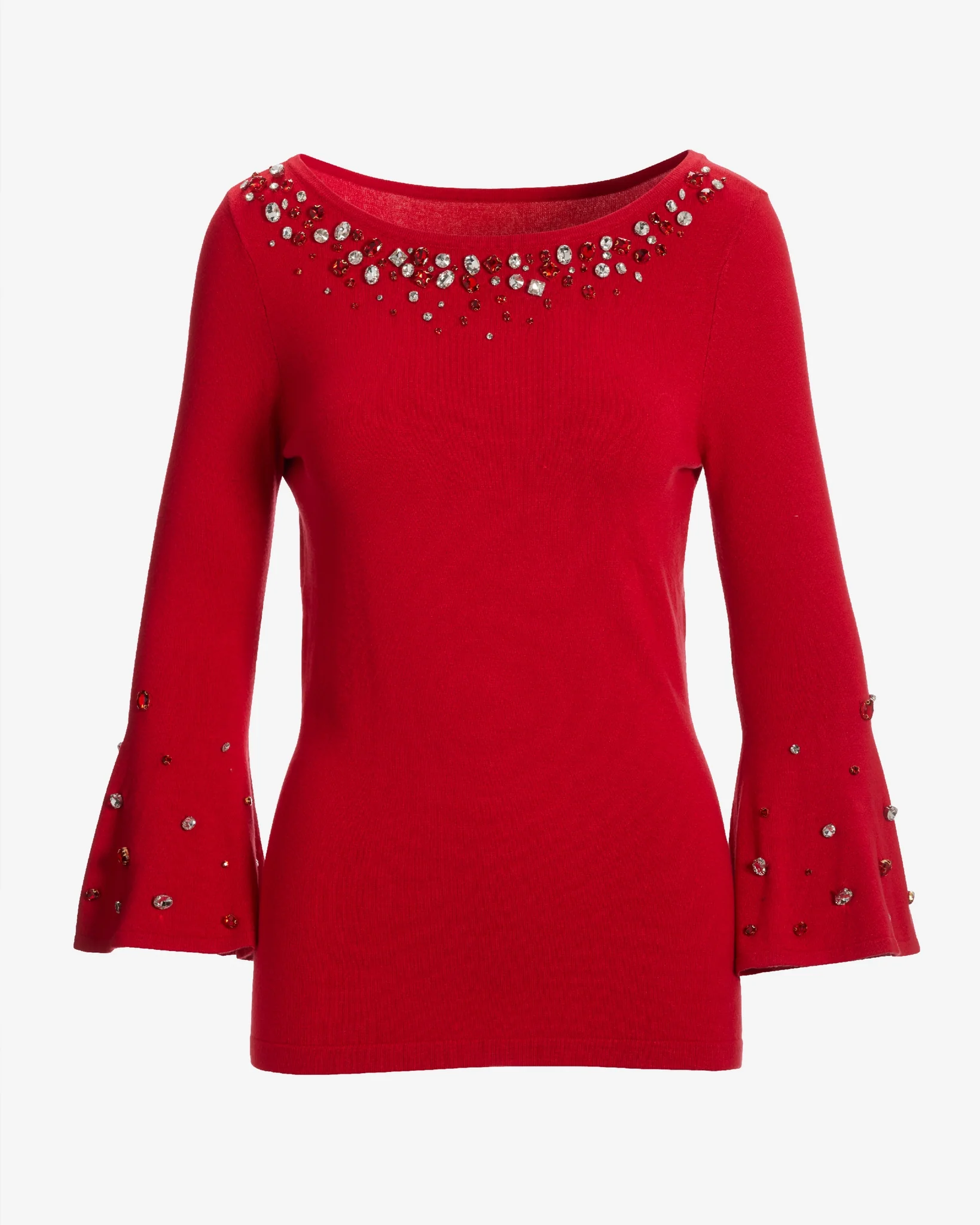 Embellished Boat Neck Flare Sleeve Sweater Racing Red - Mycitystee
