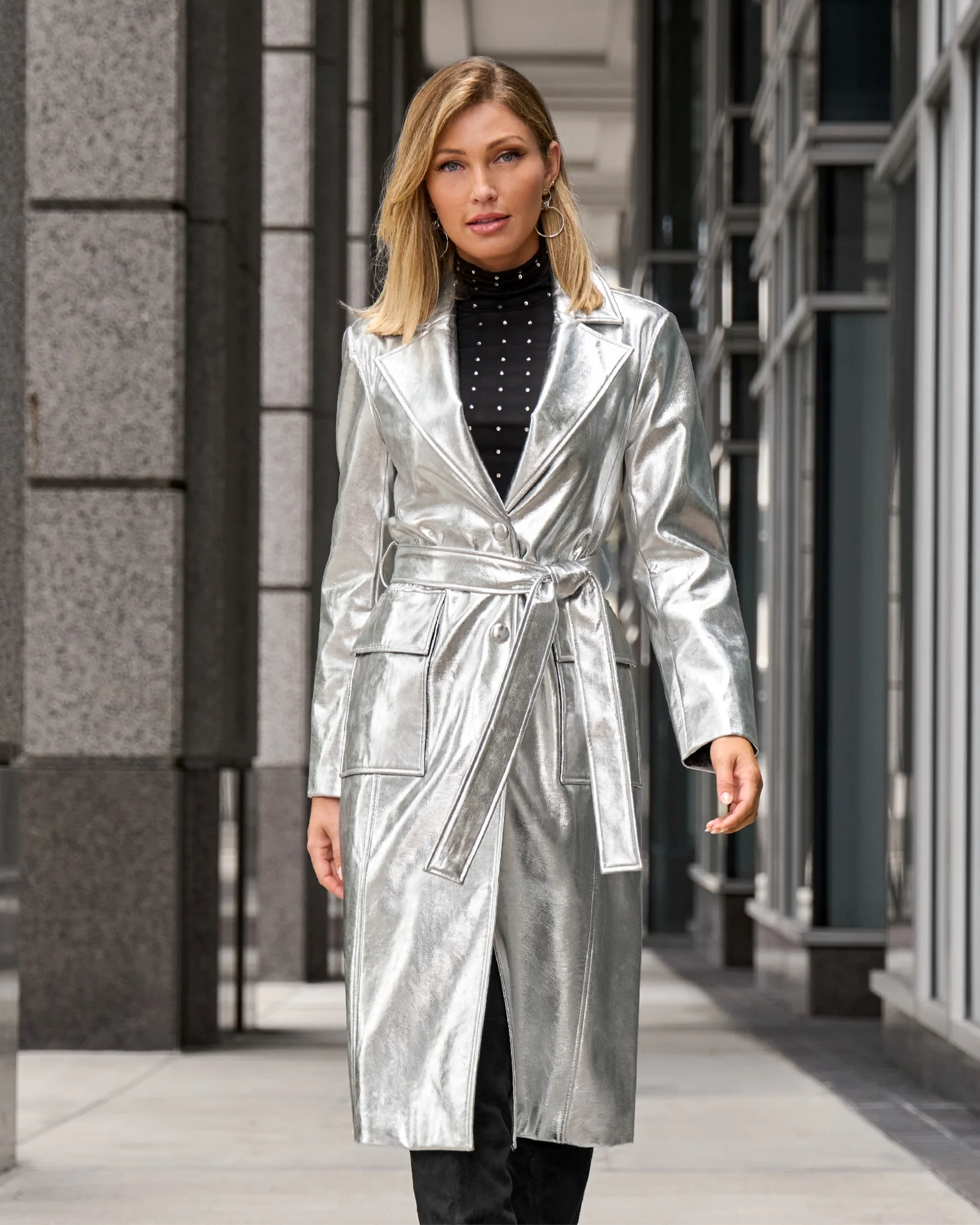 Metallic Faux Leather Blazer Style Trench Coat Silver - Mycitystee