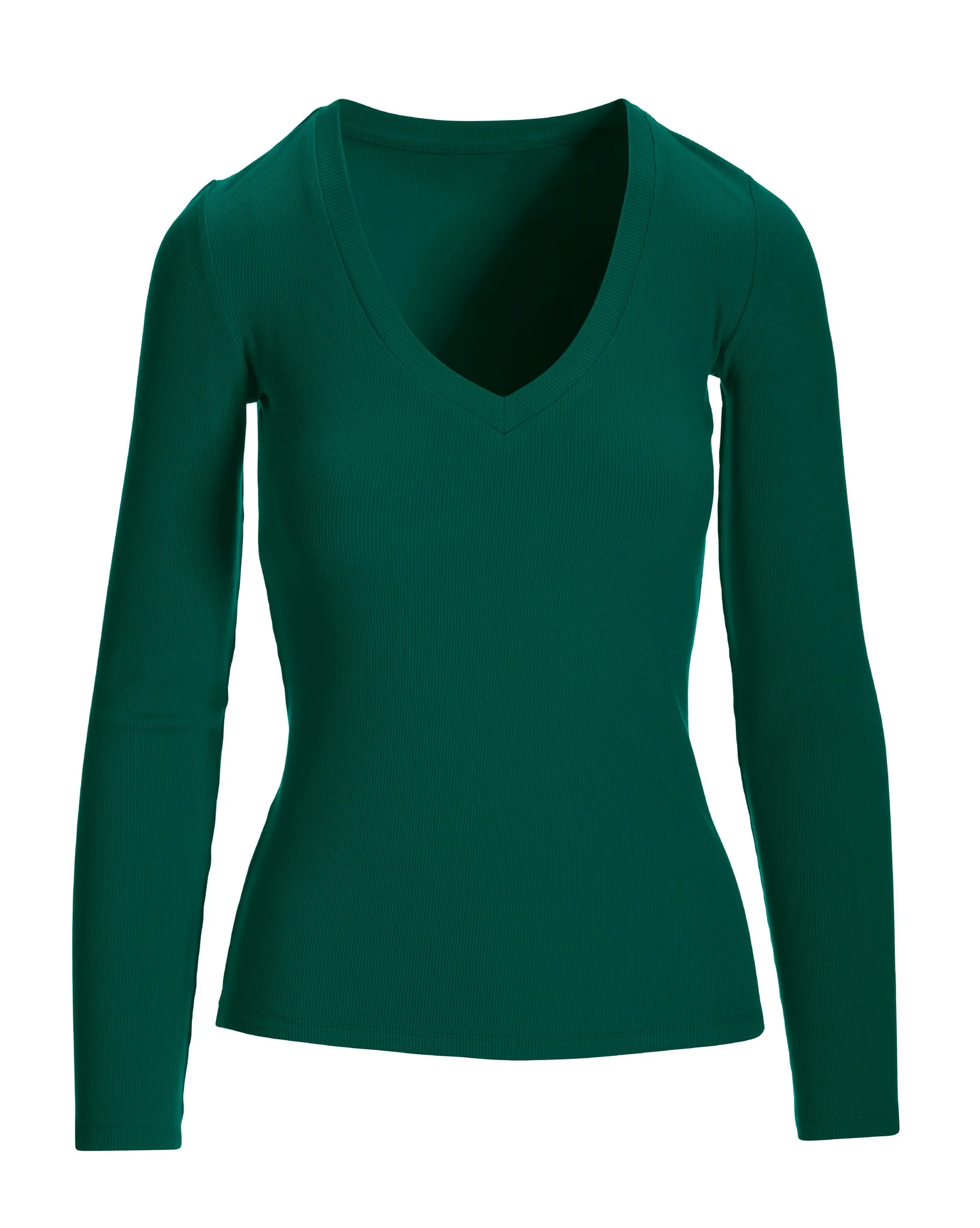 So Essential Ribbed V Neck Long Sleeve Top Deep Emerald - Mycitystee