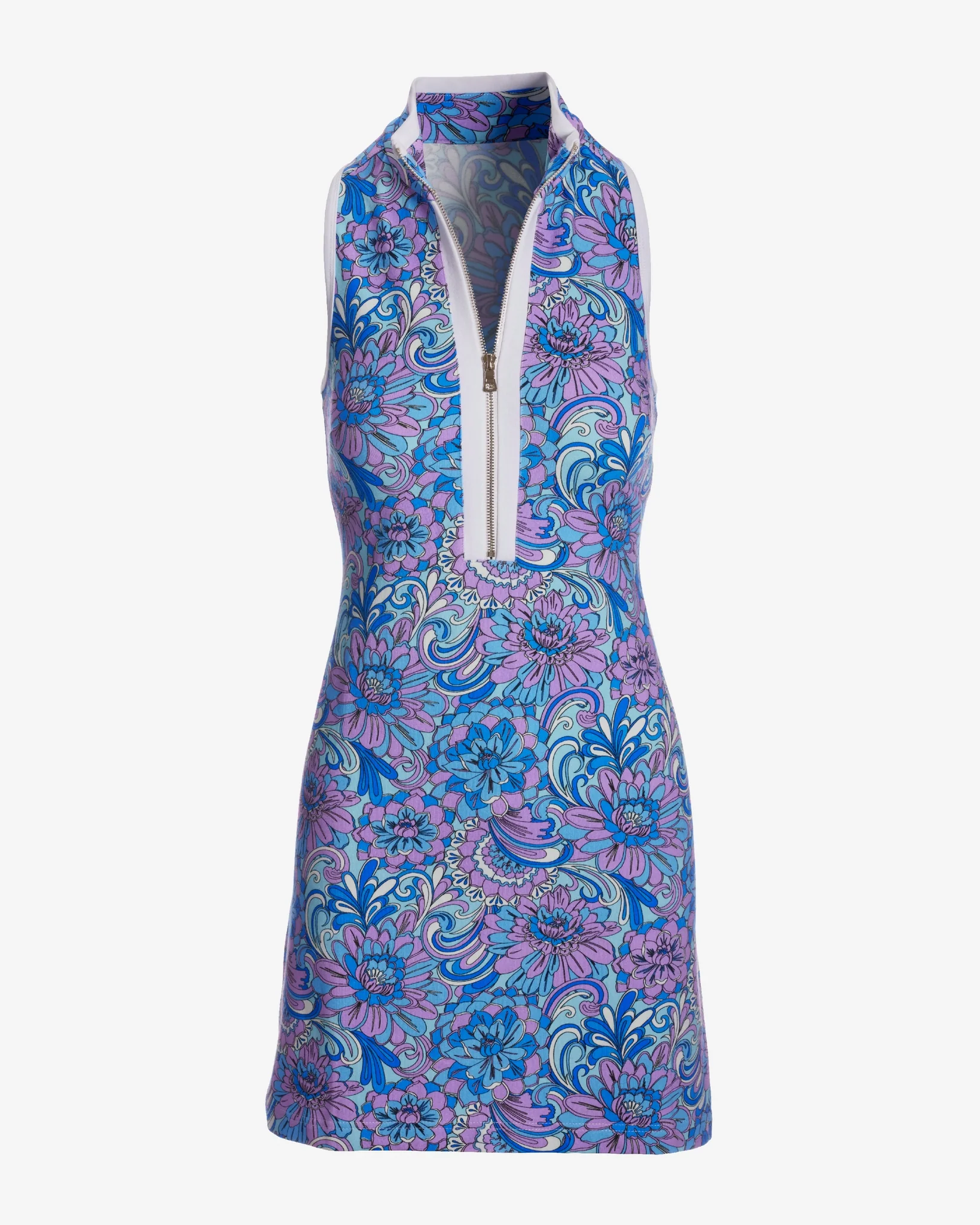 Abstract Floral Sleeveless Chic Zip Dress Blue - Mycitystee