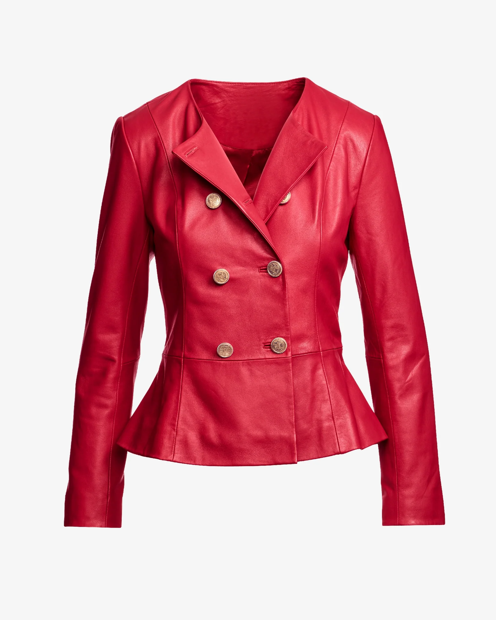Genuine Leather Double Breasted Peplum Jacket Rose Red - Mycitystee