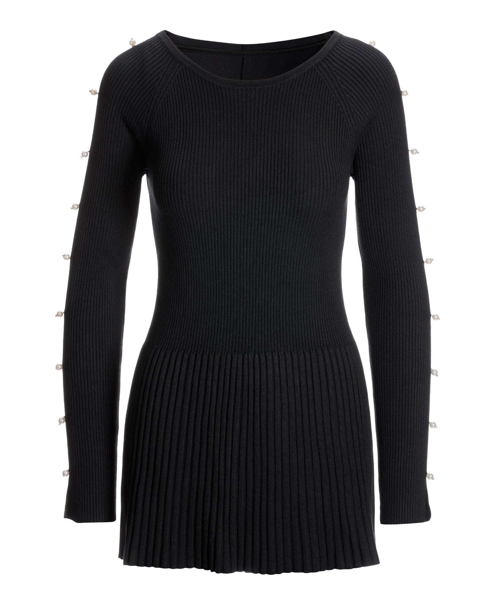 Pearl Embellished Open Sleeve Ribbed Sweater Tunic Black - Mycitystee