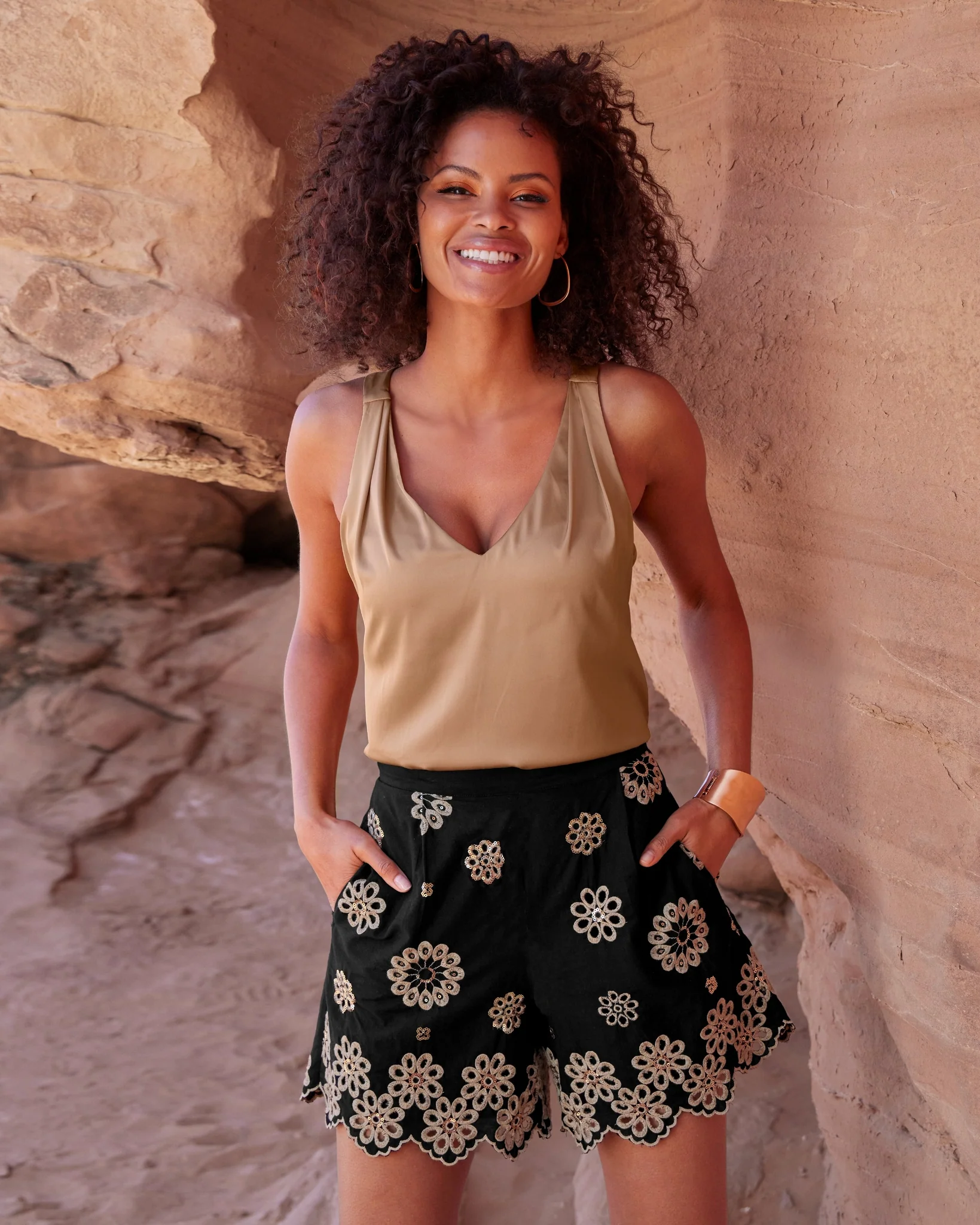 Embroidered Sequin Scallop Hem Short Black Multi - Mycitystee