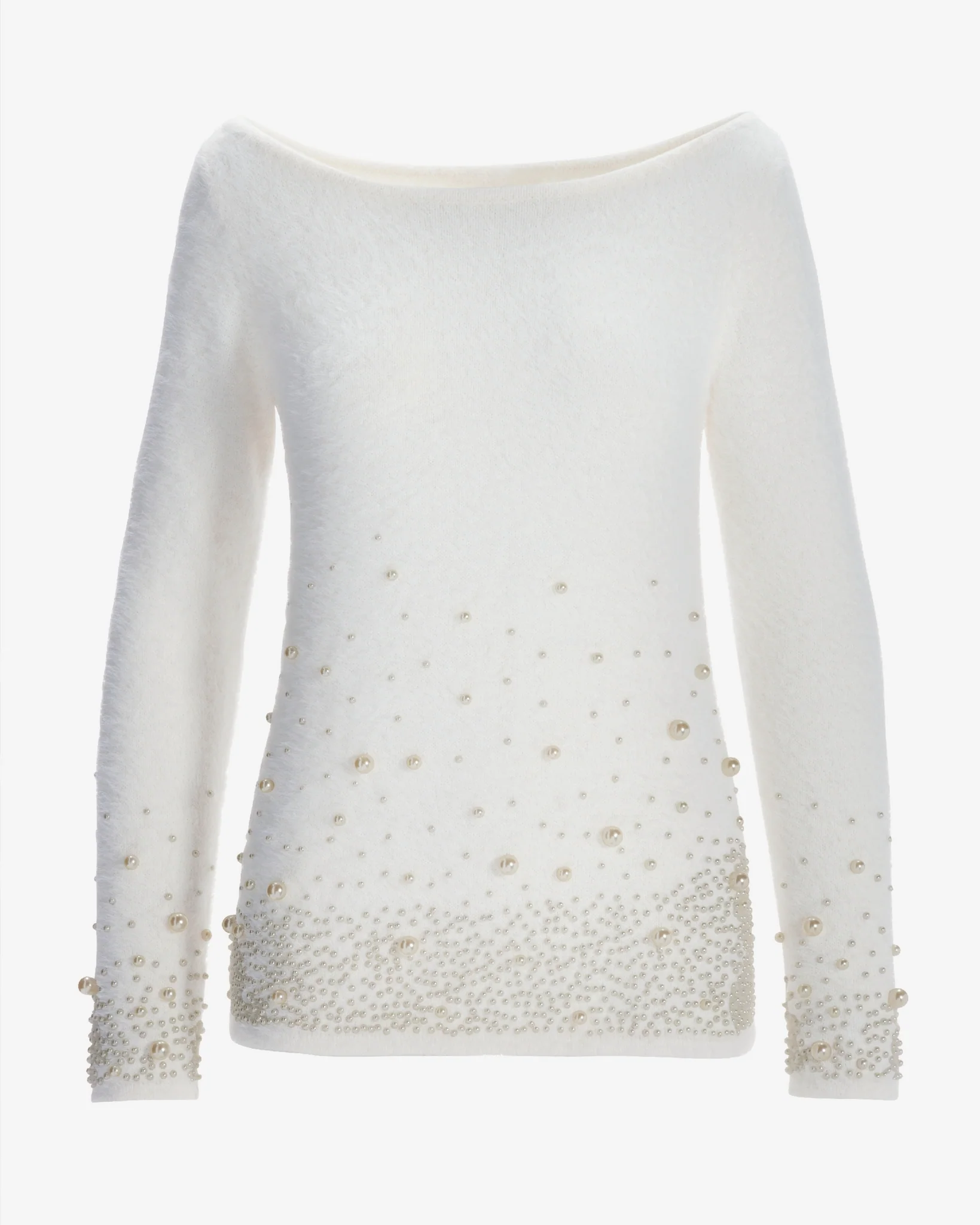 Plush Pearl Embellished Boatneck Sweater Off White - Mycitystee