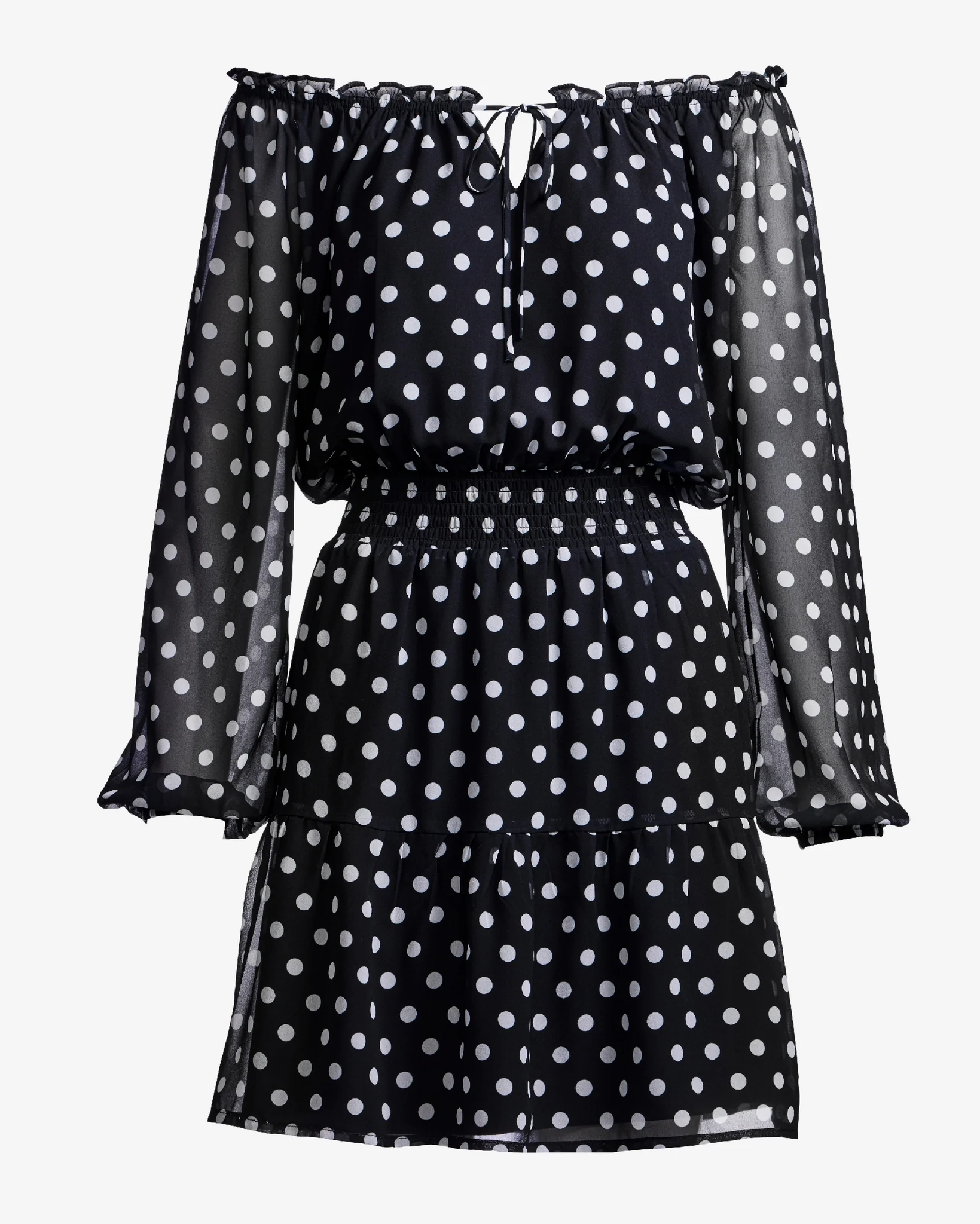 Polk-a-Dot Shoulder Skimming Smocked Waist Dress Stunning Spots - Mycitystee