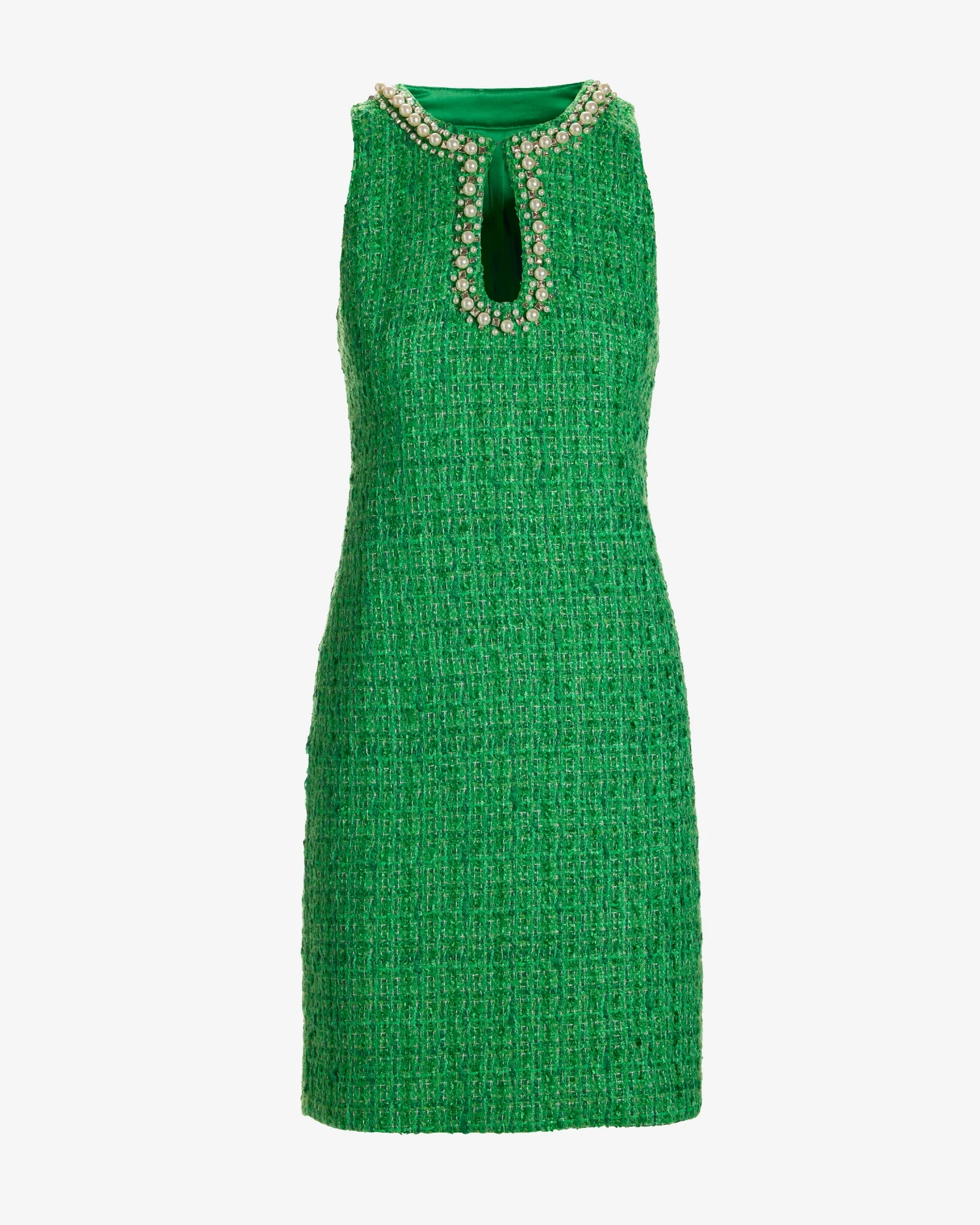 Pearl and Stud Embellished Keyhole Tweed Sheath Dress Green - Mycitystee