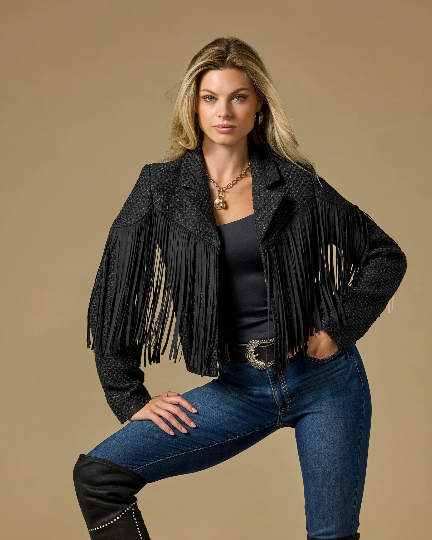 Fringe Detail Collared Shimmer Tweed Jacket Black - Mycitystee