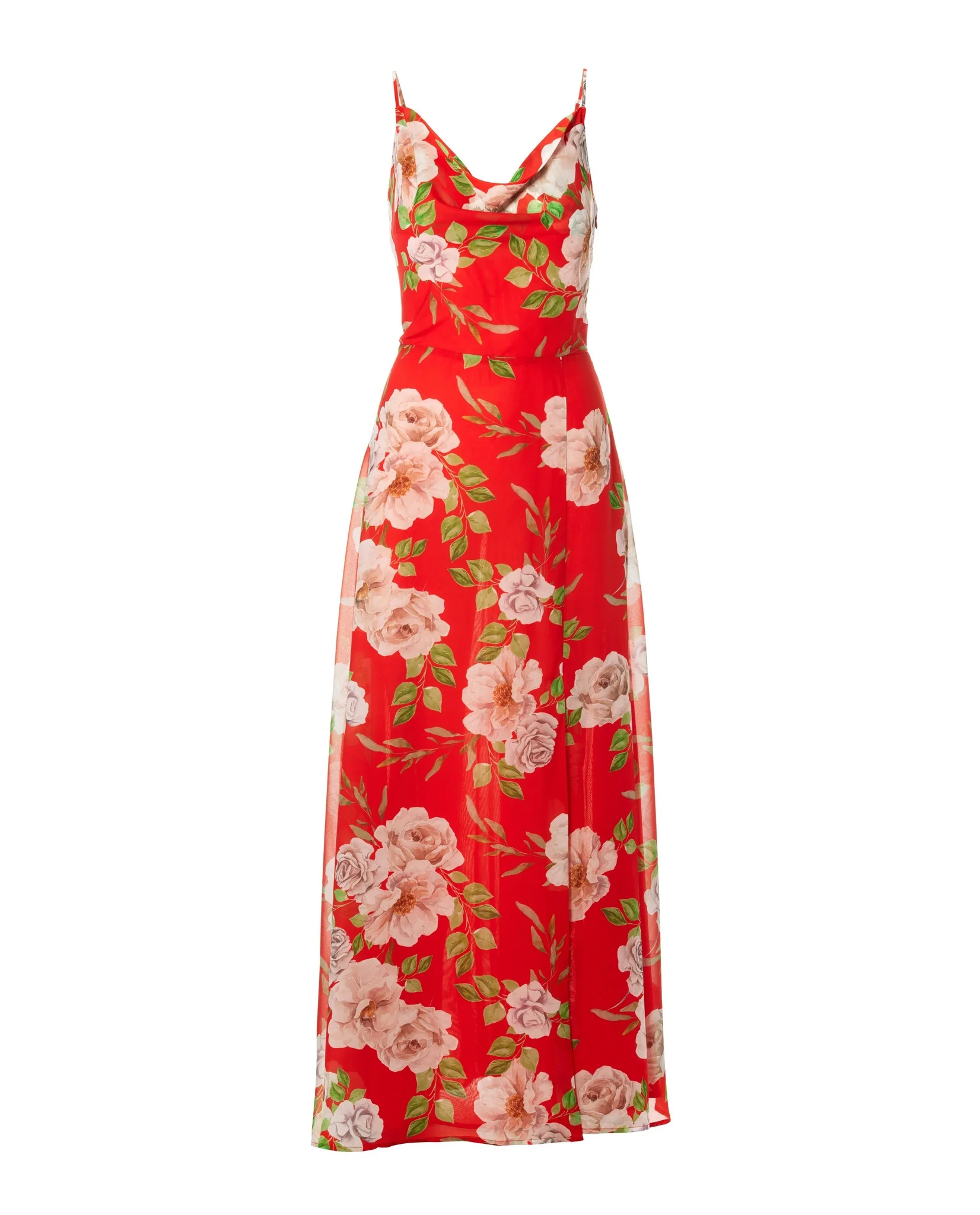 Caliente Floral Print Cowl Neck Slit Maxi Dress Orange/Red - Mycitystee