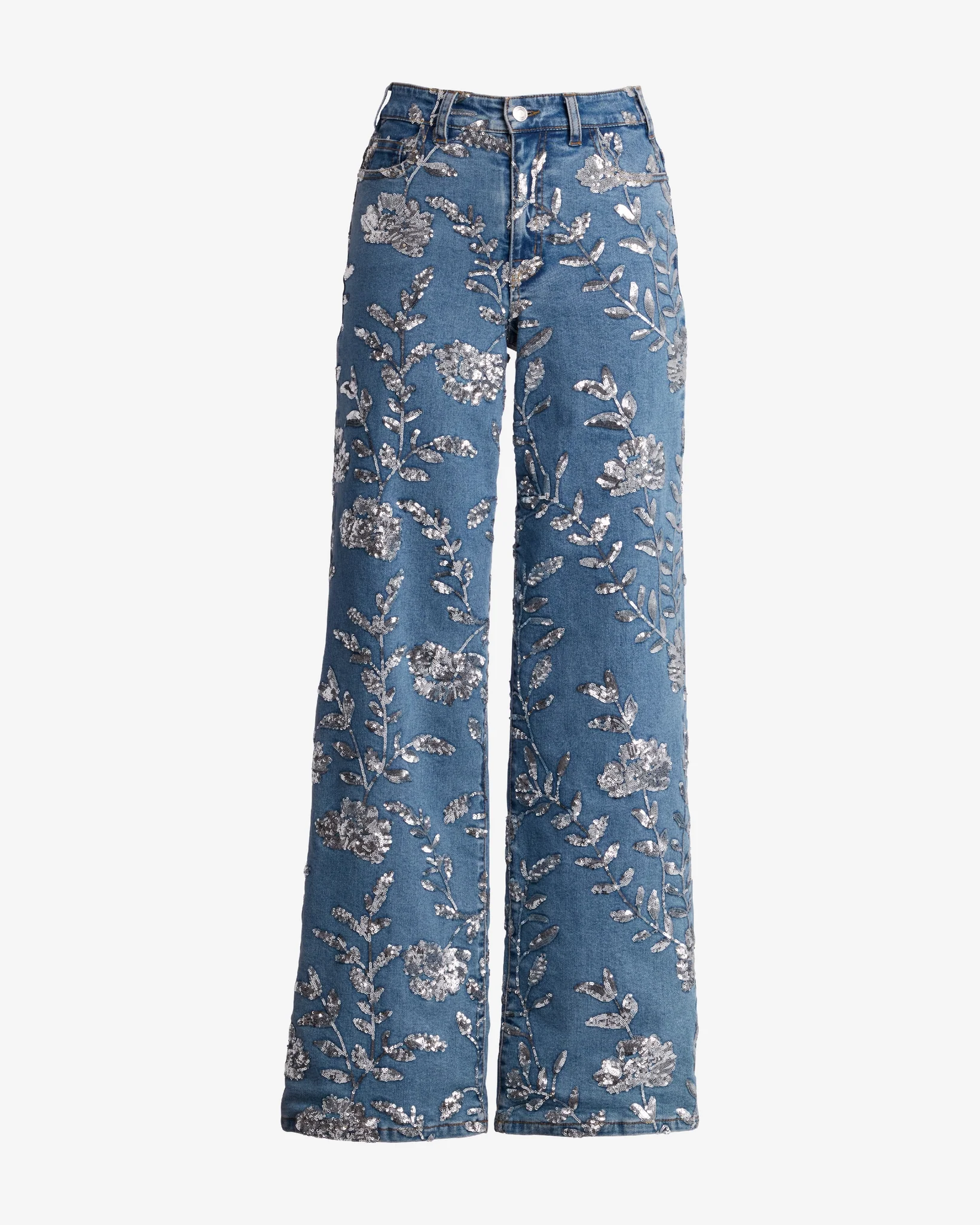 Floral Sequin Wide Leg Jean Medium Wash/Silver - Mycitystee