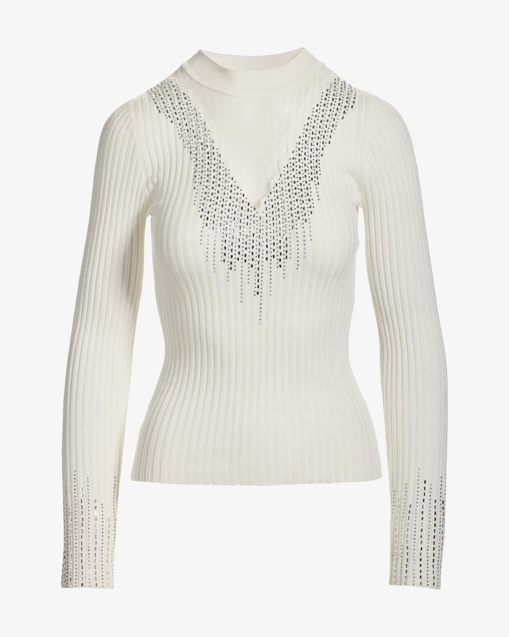 Rhinestone Embellished Mesh Illusion Sweater Off White - Mycitystee