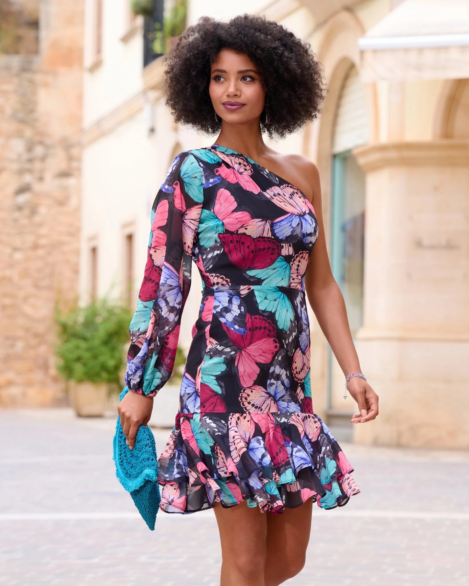 One Shoulder Butterfly Print Dress Black Multi - Mycitystee