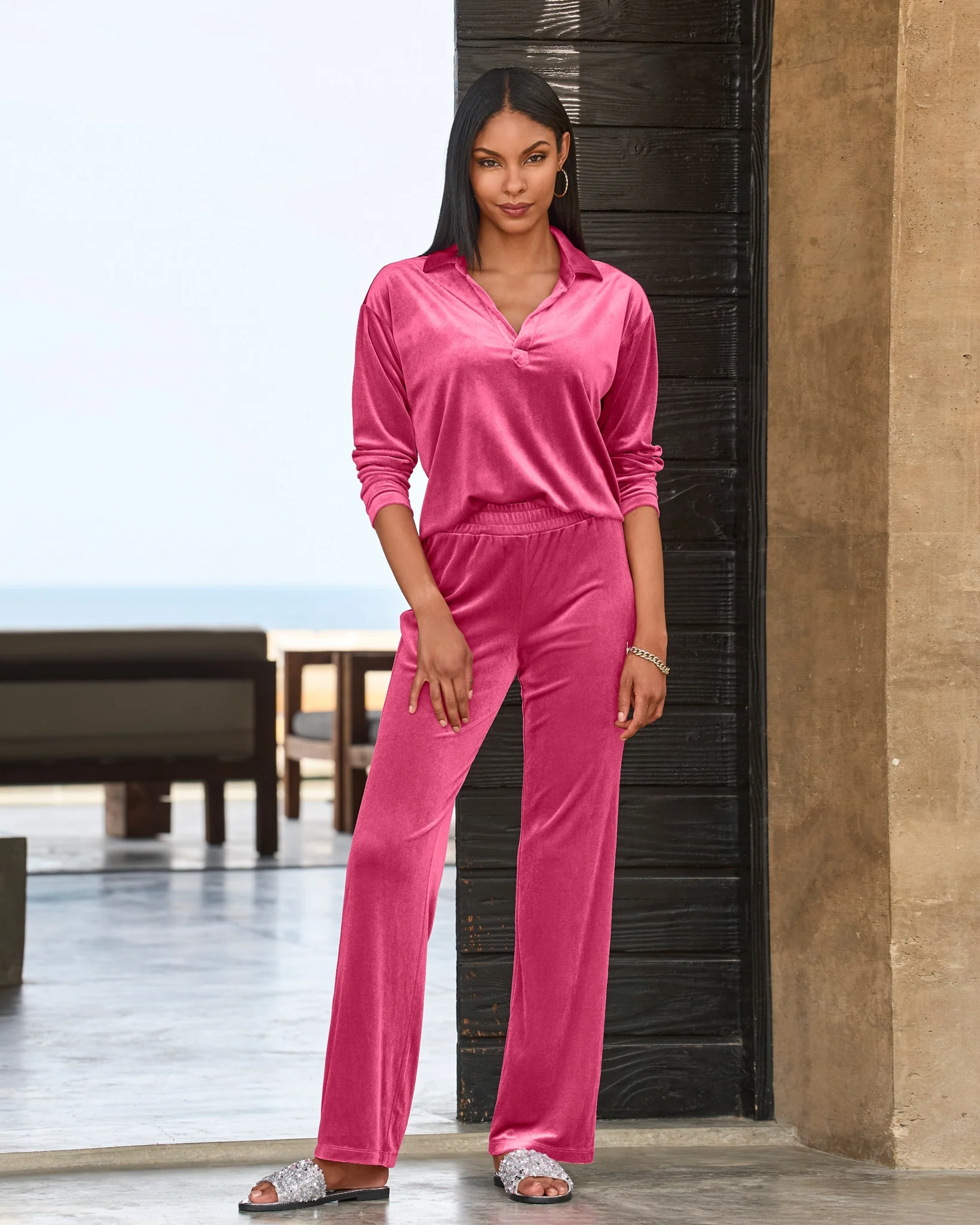 Chic Velour Collared V Neck Wide Leg Pant Set Pink - Mycitystee