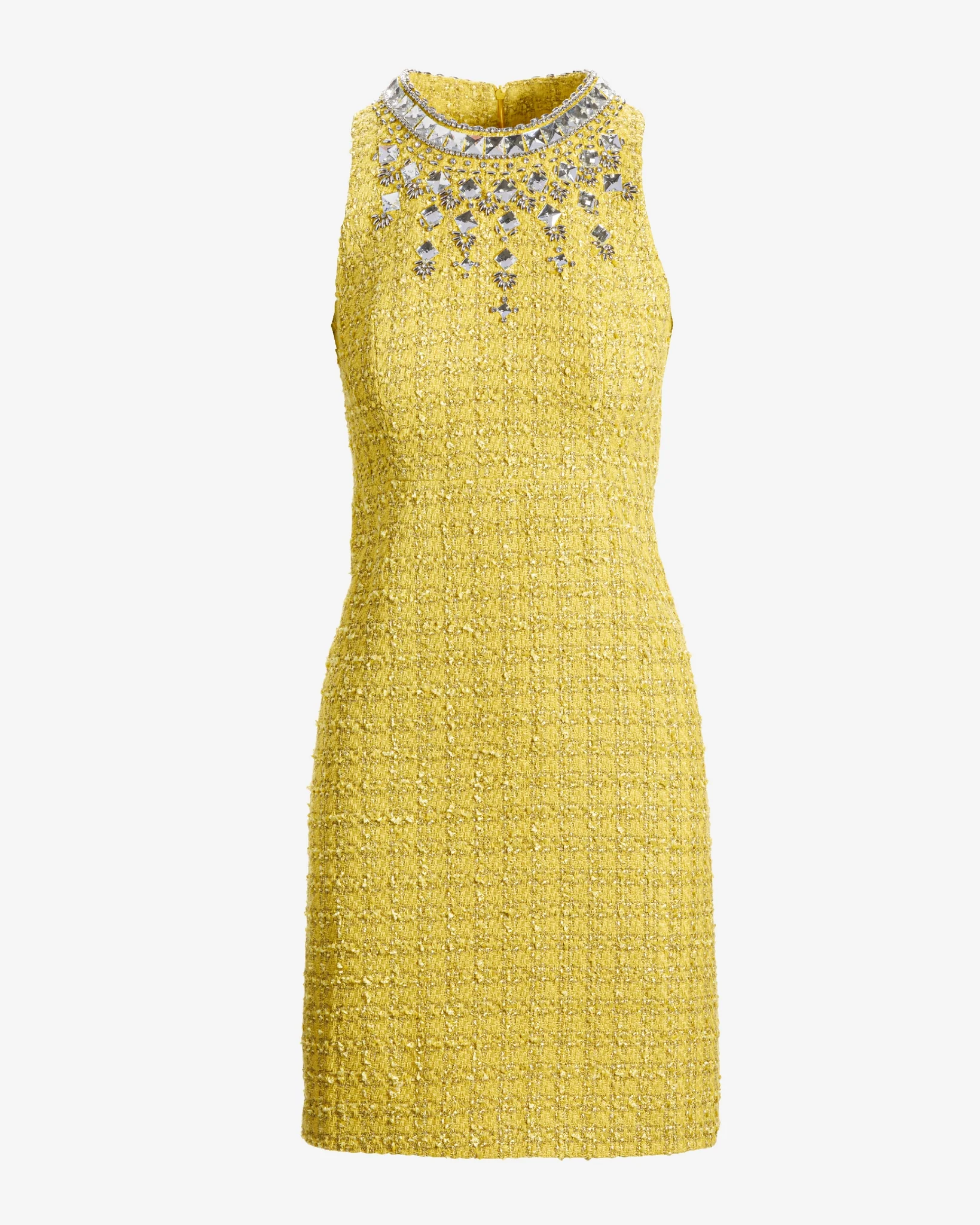 Crystal Embellished High Neck Tweed Sheath Dress Yellow - Mycitystee