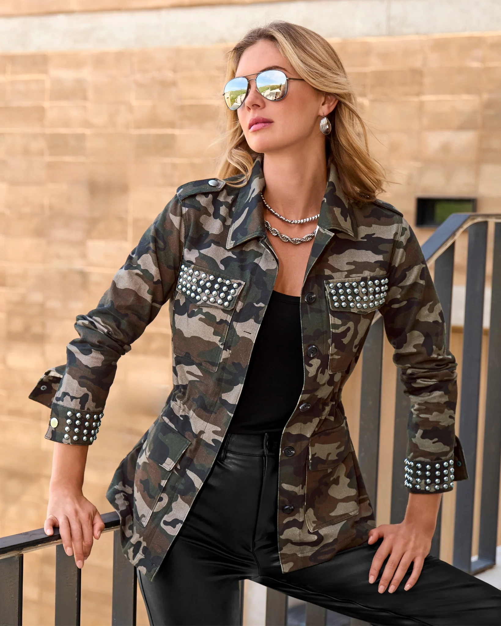 Studded Shaped Utility Jacket Green Multi - Mycitystee