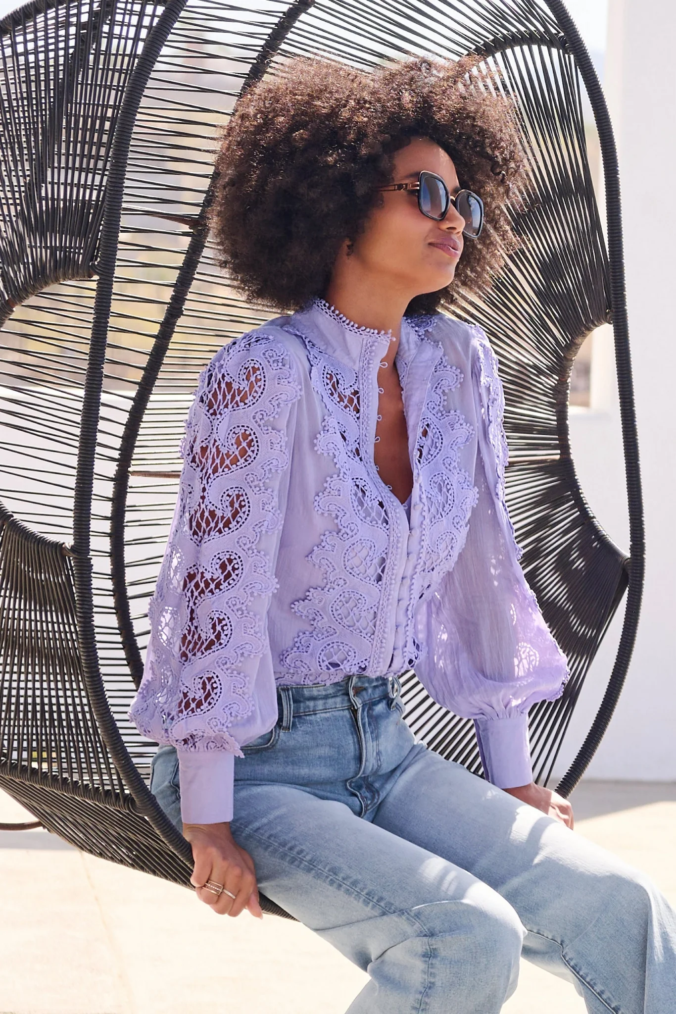 Lace Inset Drama Sleeve Shirt Lavender - Mycitystee