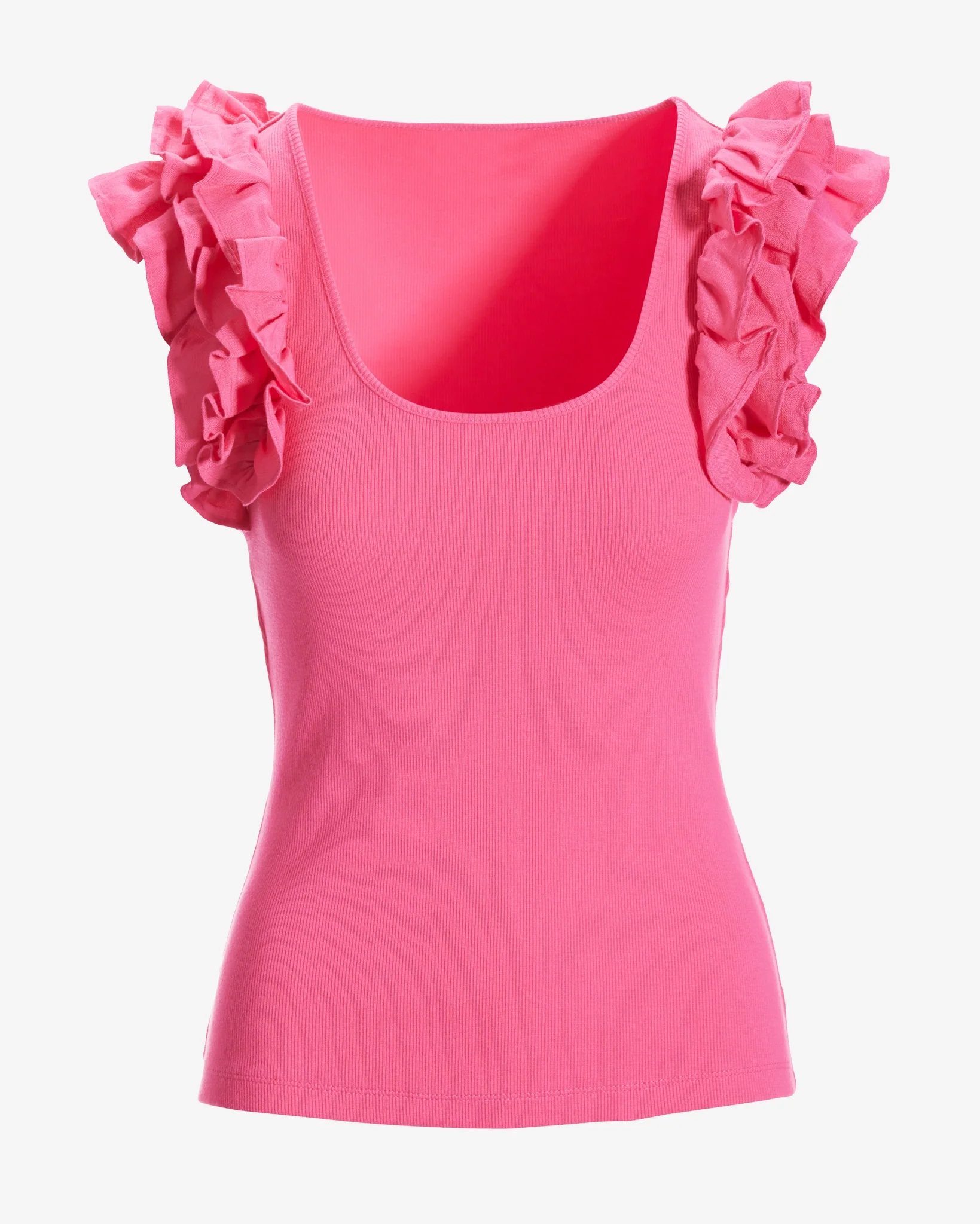 Linen Ruffle Ribbed Top Shocking Pink - Mycitystee