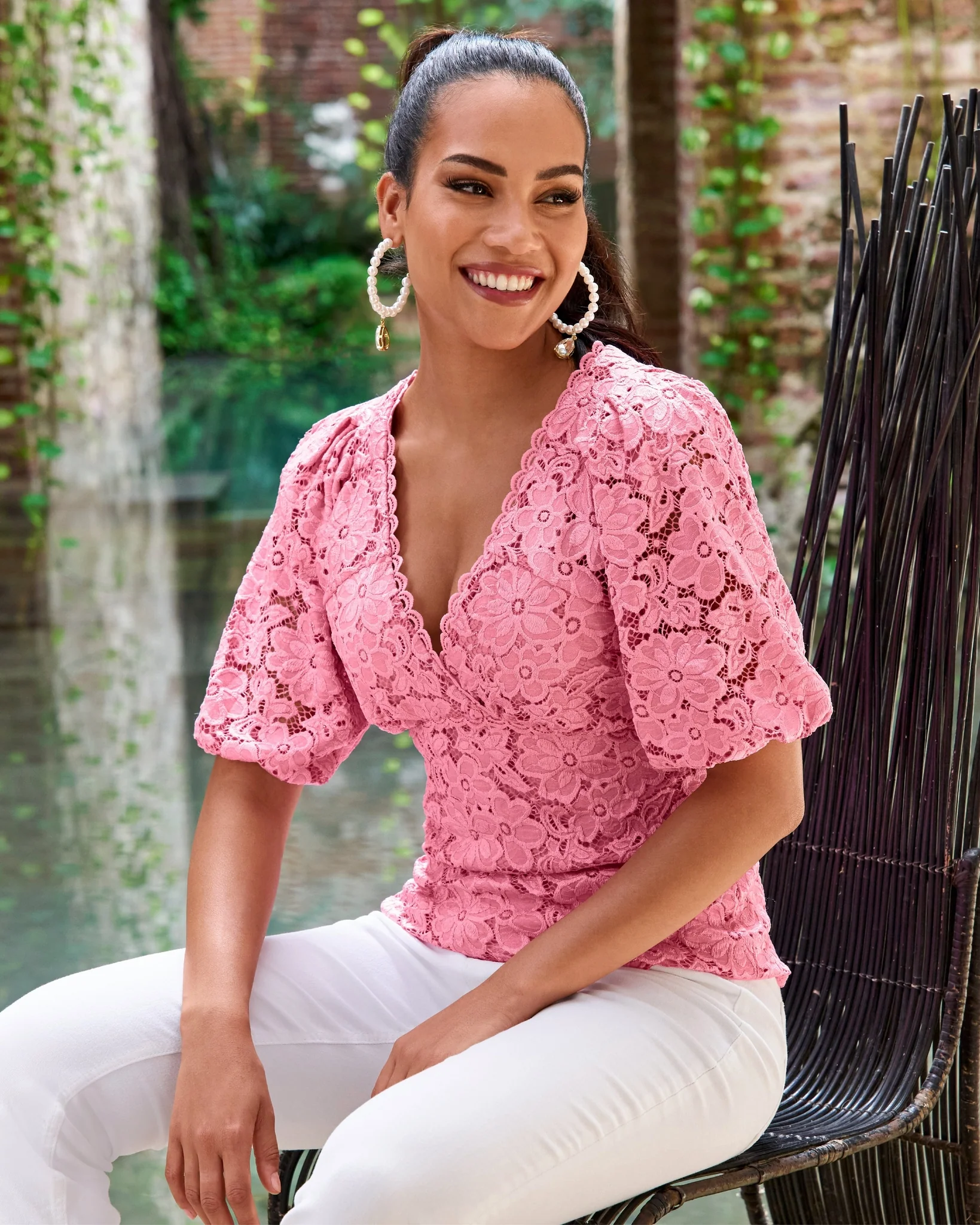 Lace V Neck Knit Top Aurora Pink - Mycitystee