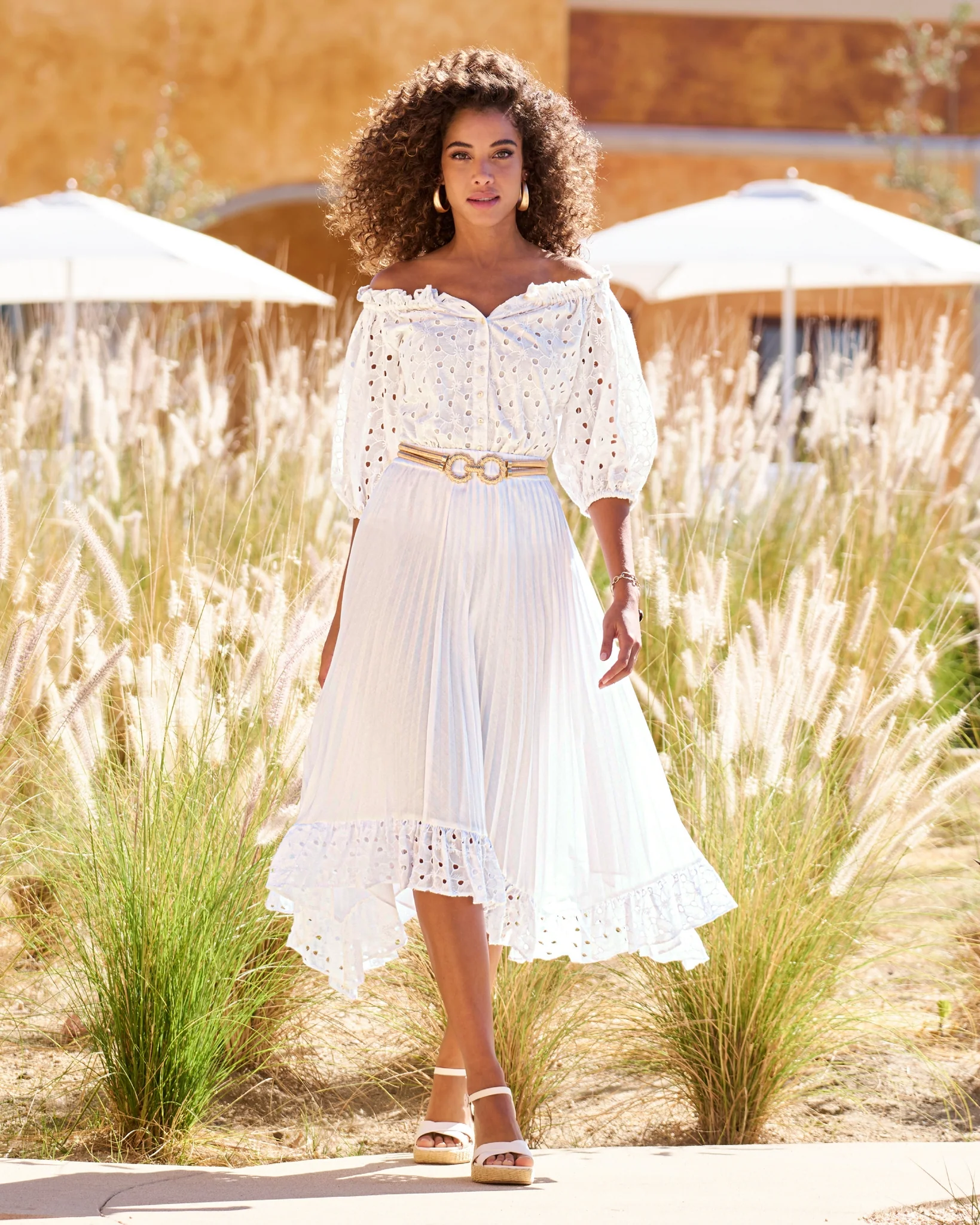 Pleated Eyelet Hem Midi Skirt Pure White - Mycitystee