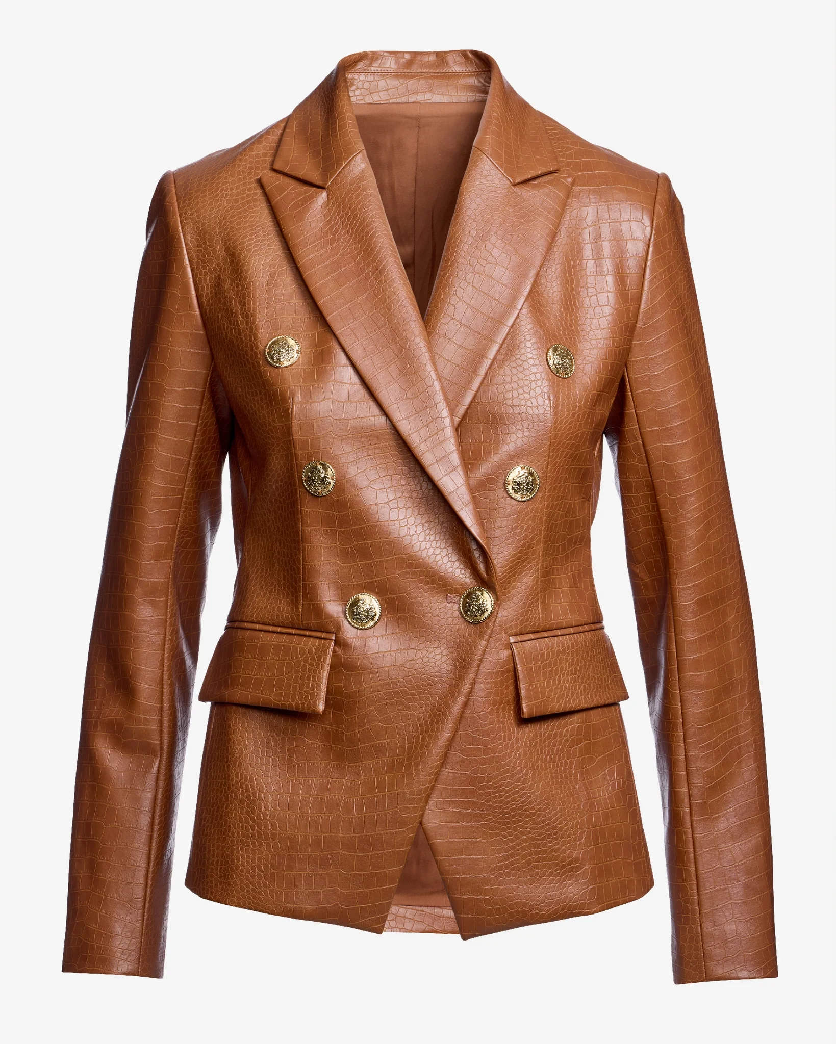 Faux Leather Croc Double Breasted Blazer Cognac - Mycitystee