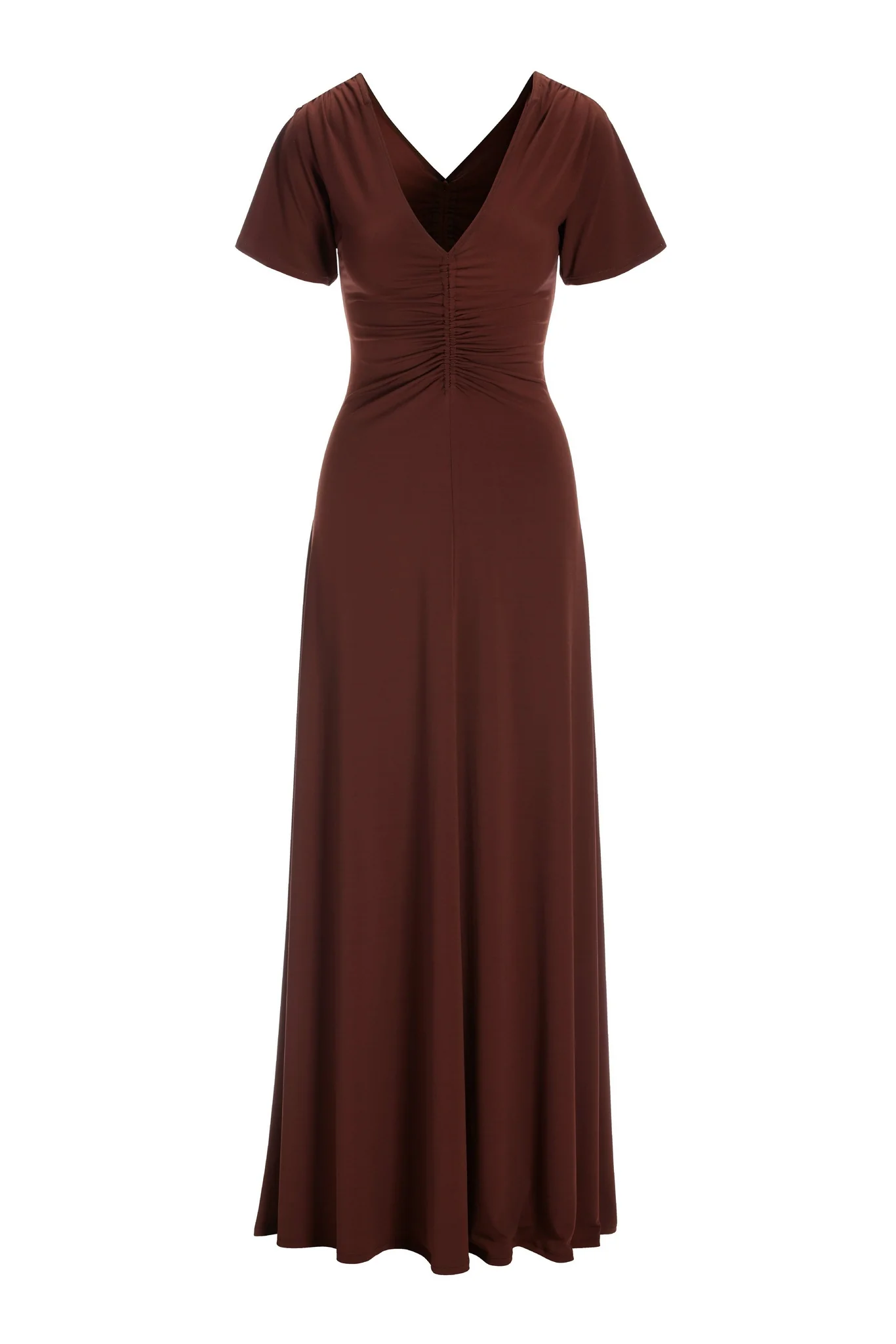 Ruched Detail V Neck Knit Maxi Dress Bitter Chocolate - Mycitystee
