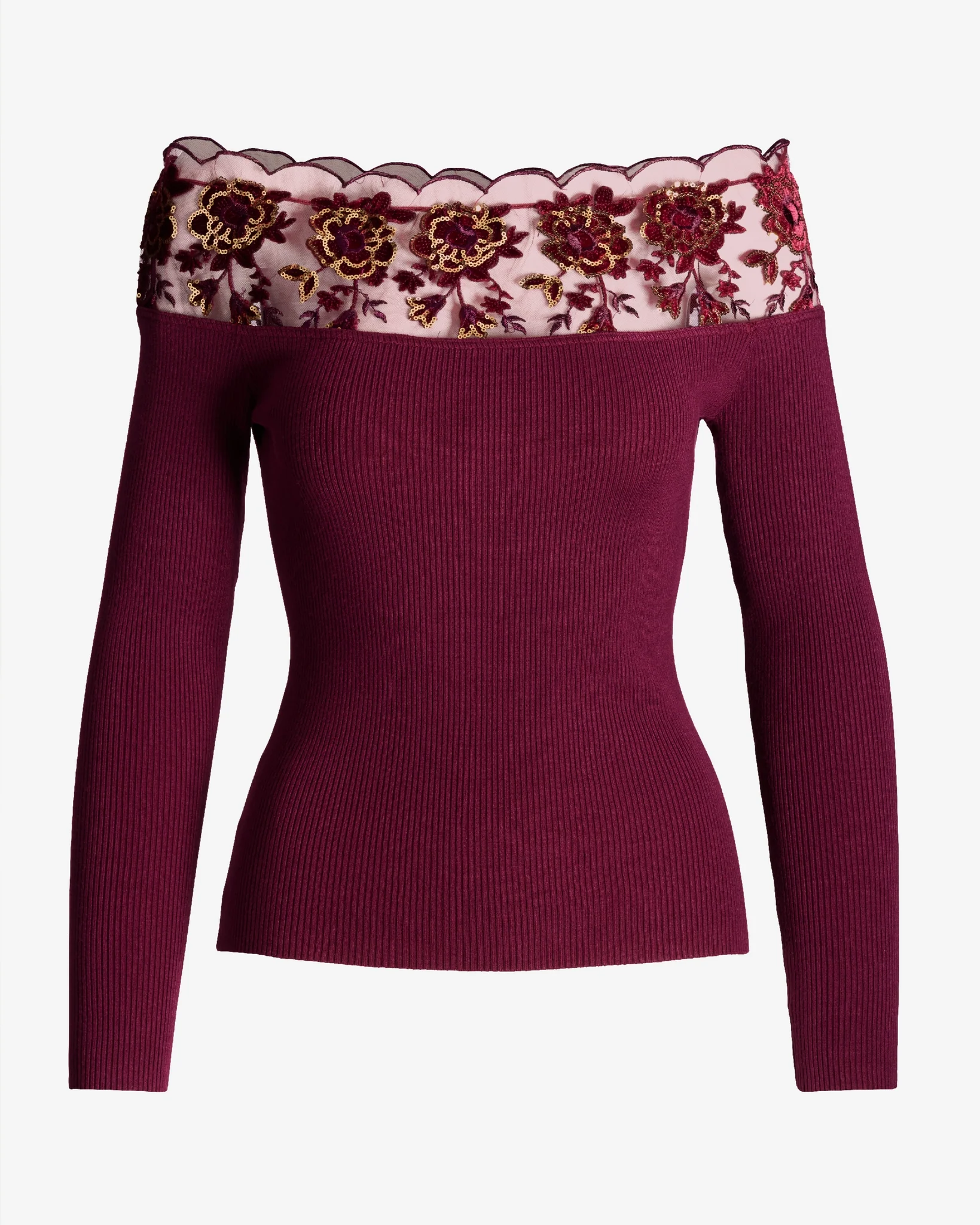 Sequin Lace Off the Shoulder Ribbed Sweater Burgundy - Mycitystee