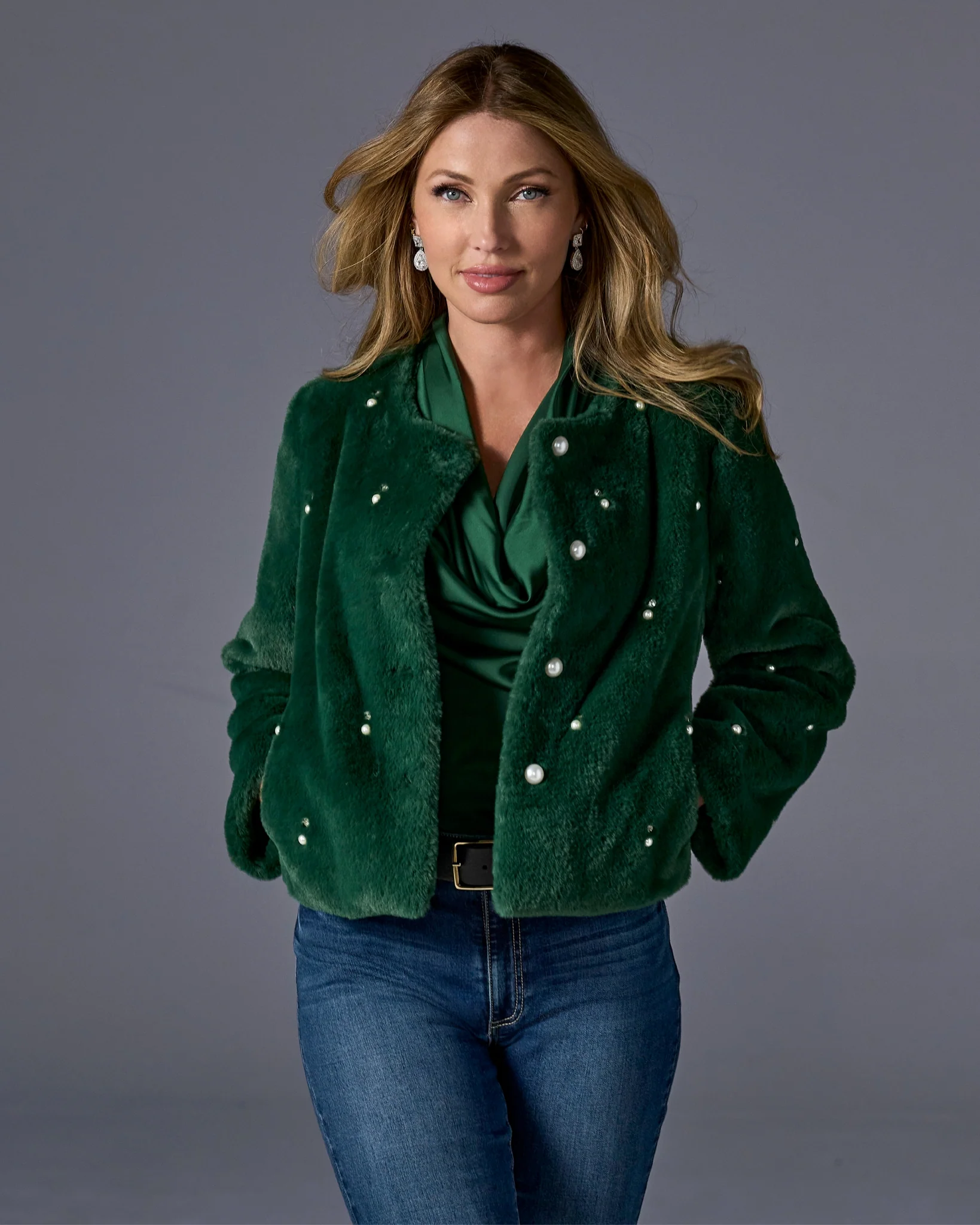 Pearl Embellished Faux Fur Collarless Chubby Emerald - Mycitystee