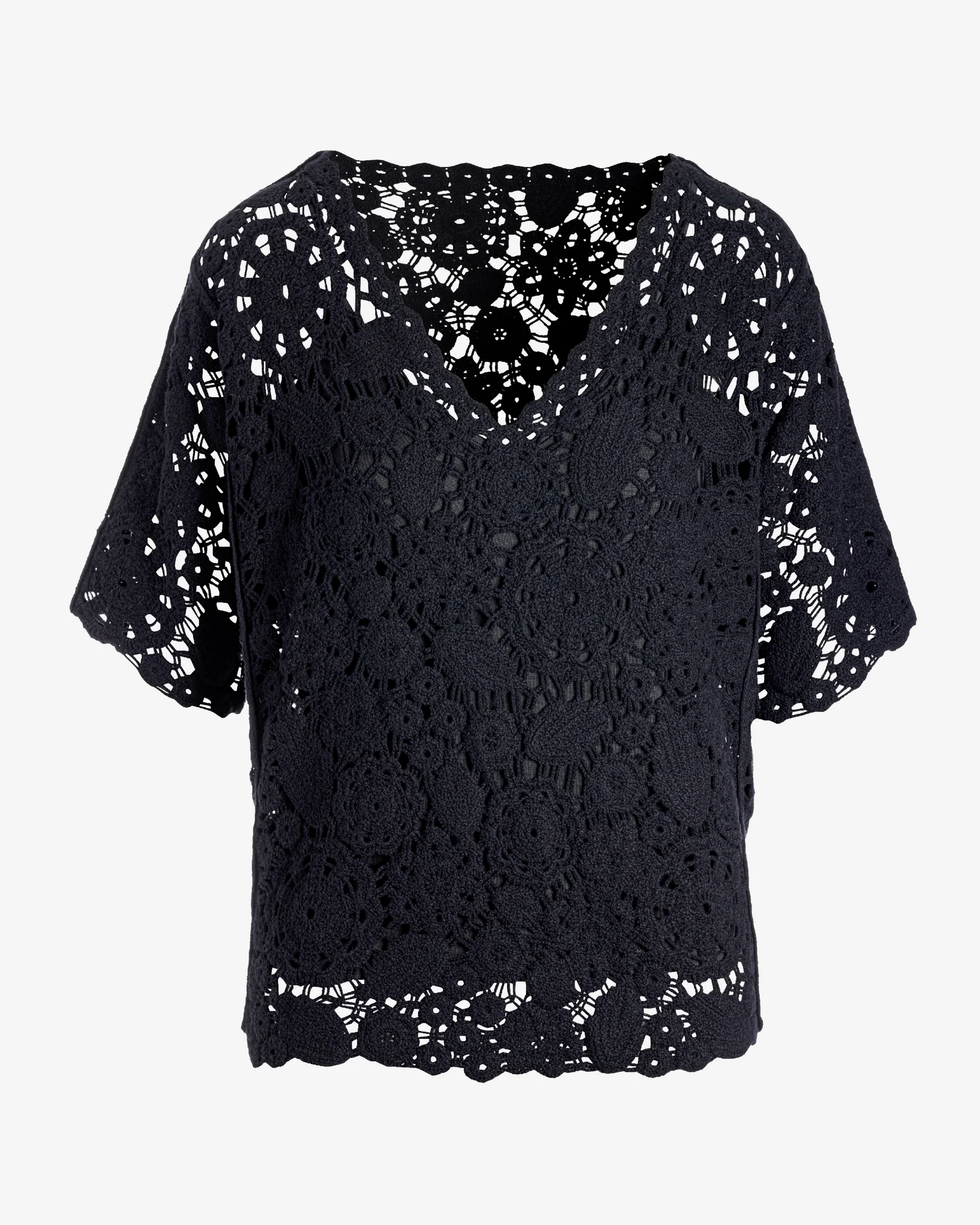 Crochet Effortless V Neck Short Sleeve Sweater Black - Mycitystee