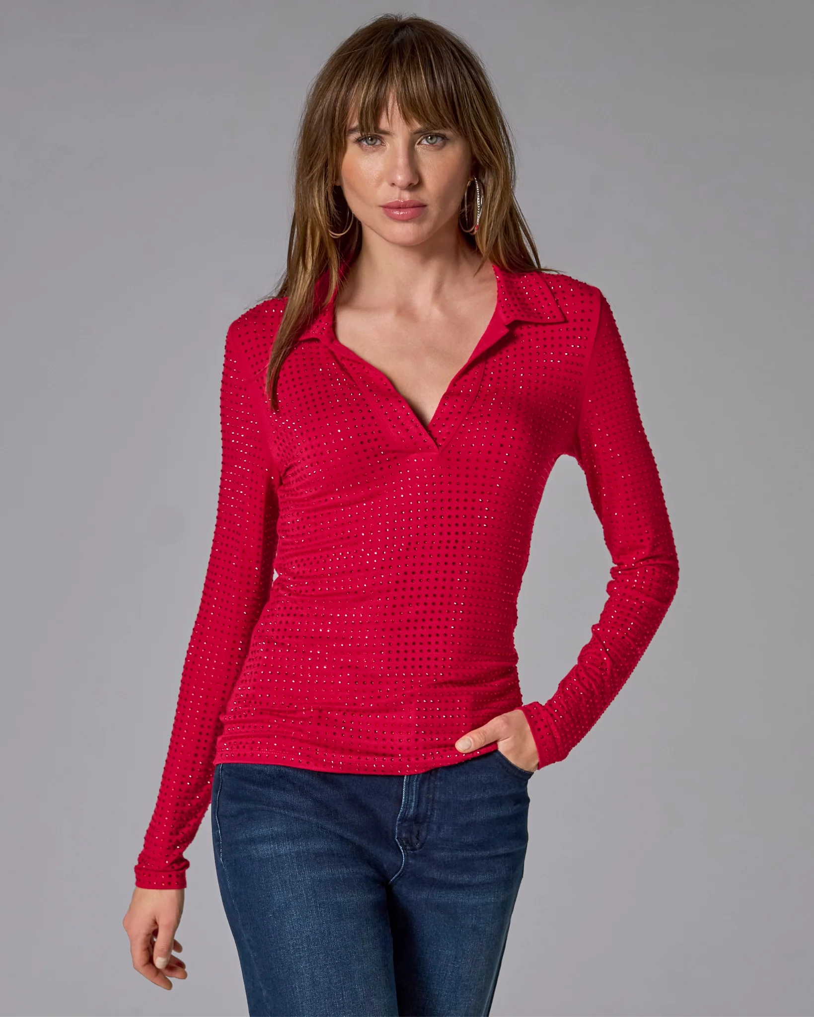 All Over Rhinestone Collared Top Lipstick Red - Mycitystee