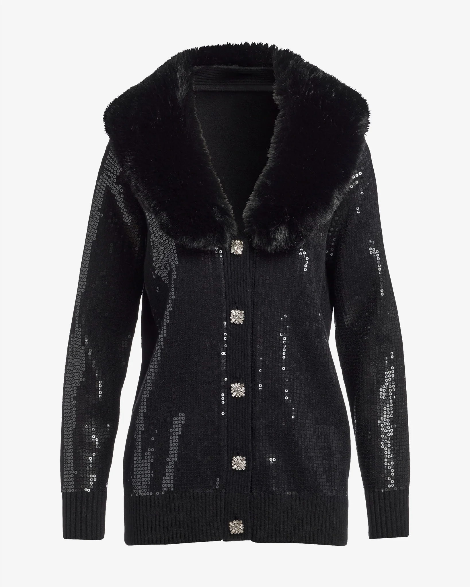 Sequin Embellished Faux Fur Collar Cardigan Black - Mycitystee