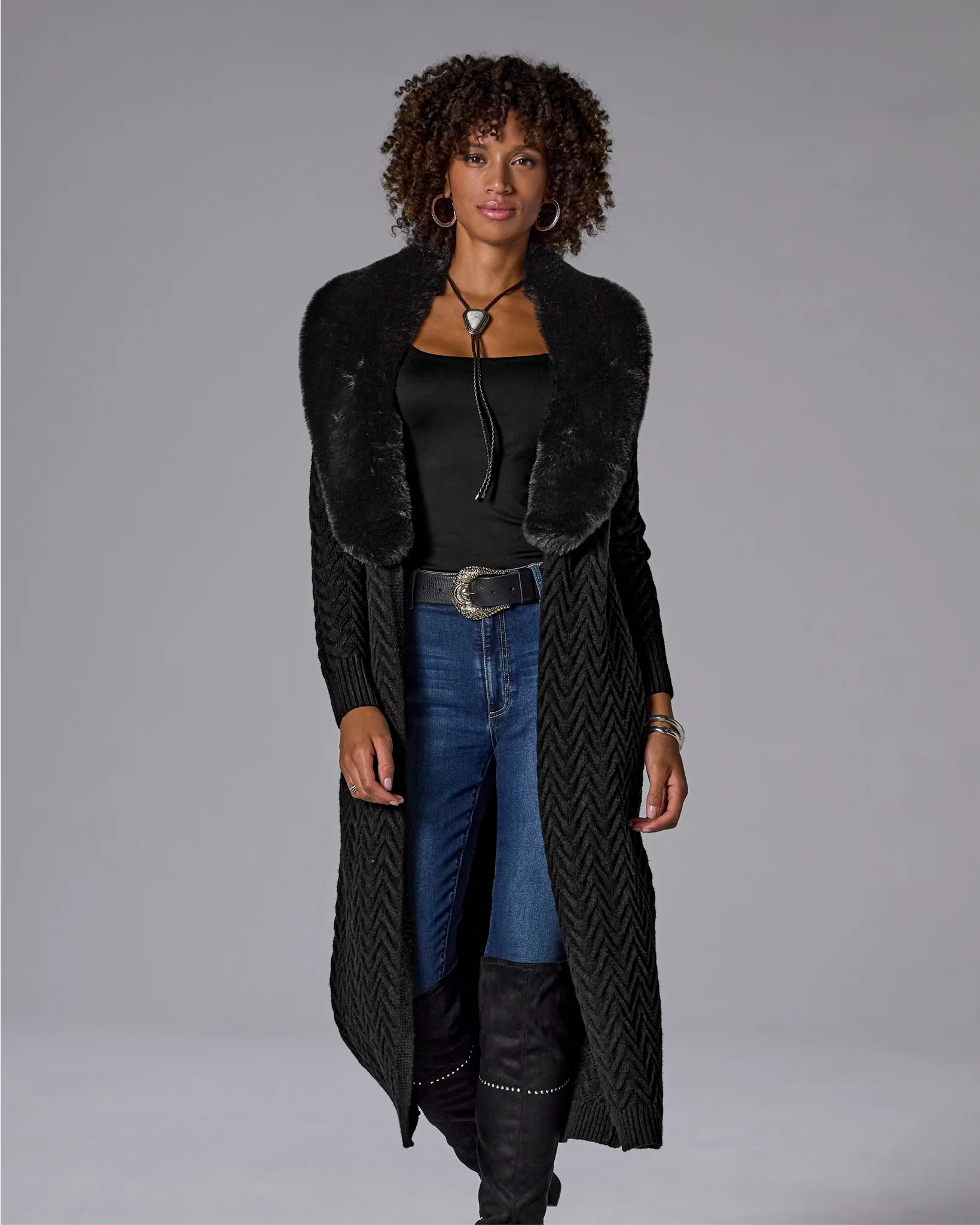 Faux Fur Trim Sweater Duster Proper Black - Mycitystee