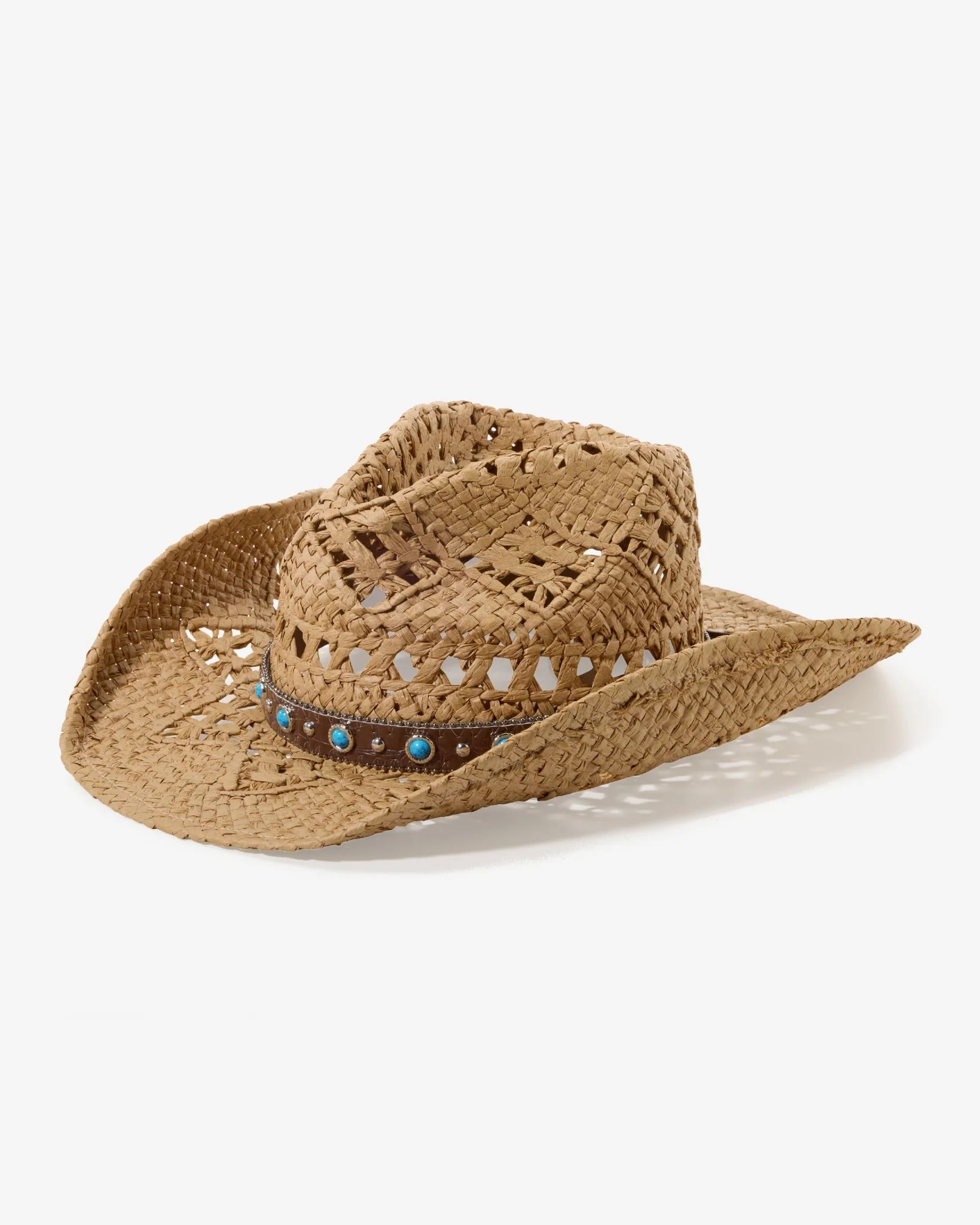 Turquoise and Leather Trim Western Hat Natural - Mycitystee