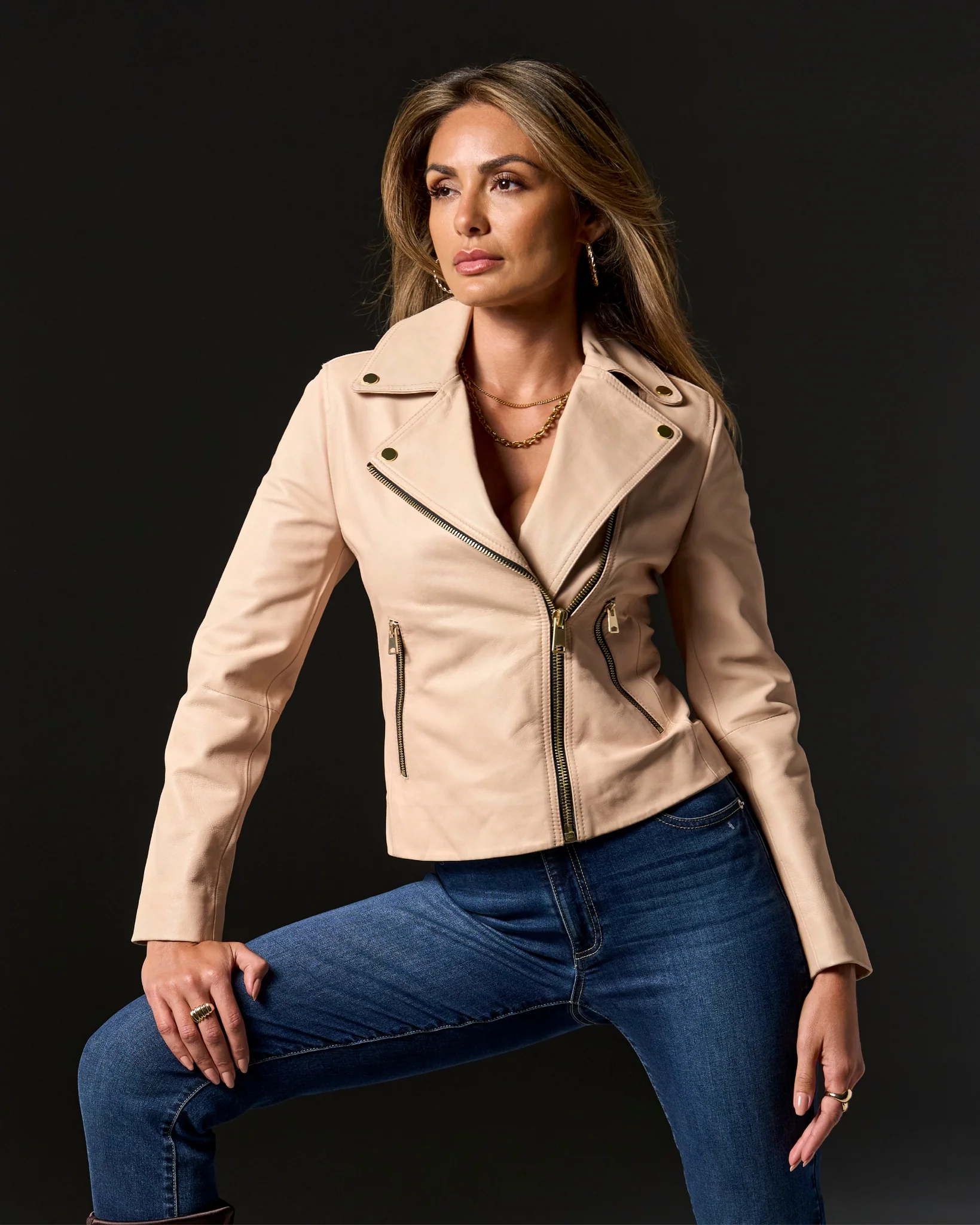 Genuine Leather Zip Detail Moto Jacket Bone - Mycitystee