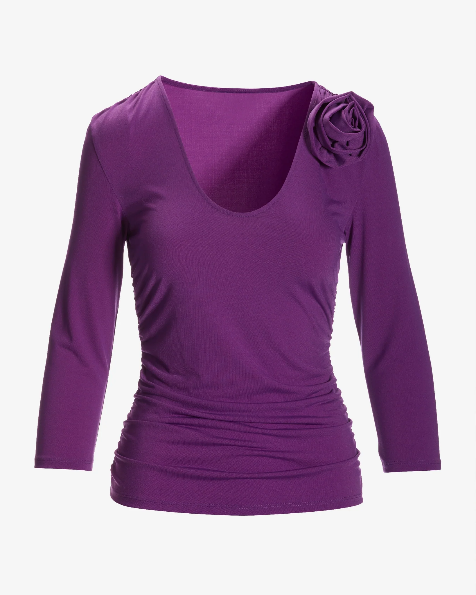 So Chic Ruched Rosette V Neck Knit Top Sparkling Grape - Mycitystee