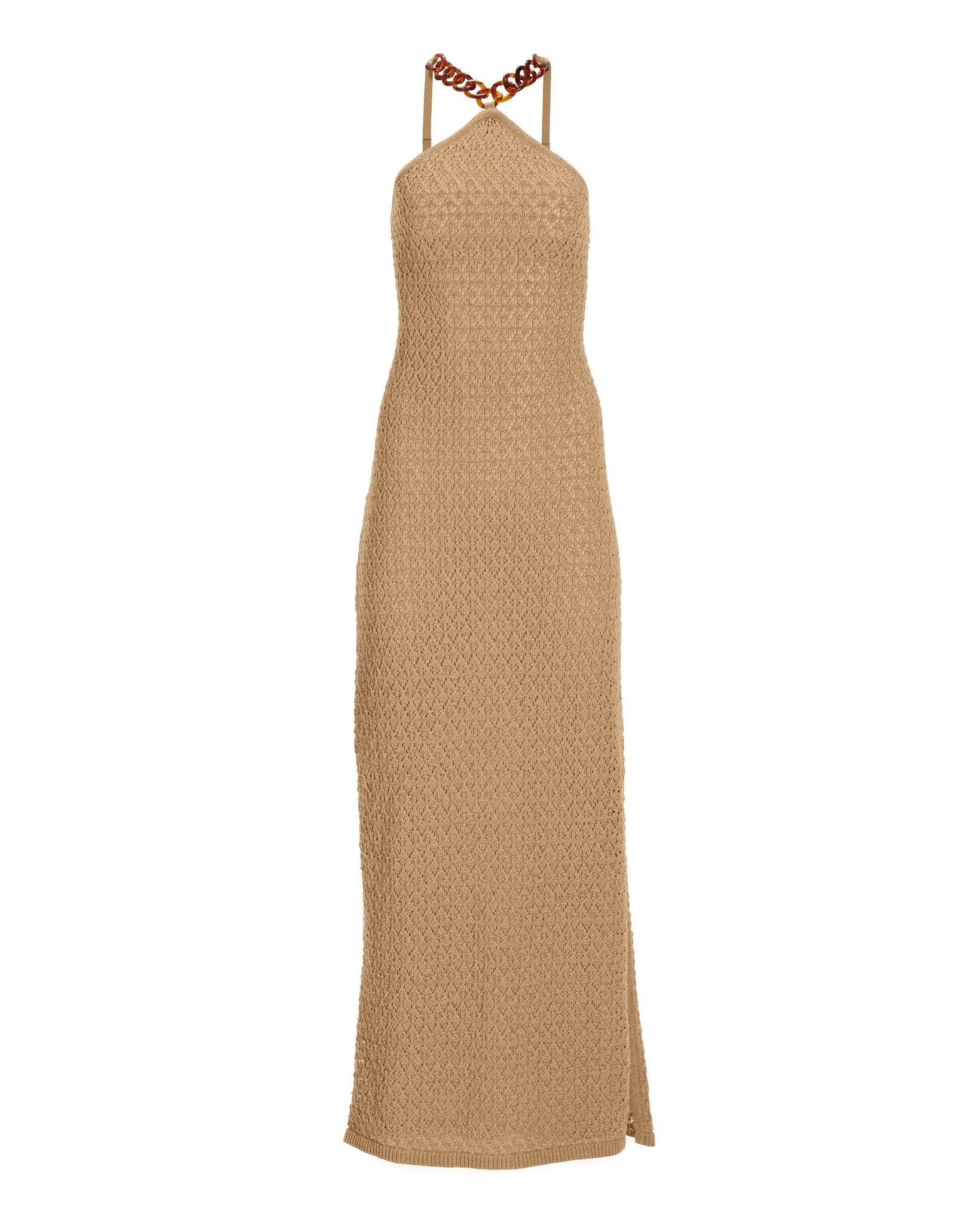 Chain Detail Crochet Halter Maxi Dress Tan - Mycitystee