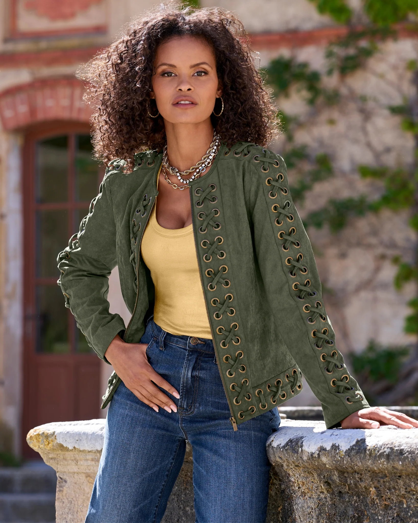 Faux Suede Grommet Lace-Up Jacket Olive - Mycitystee
