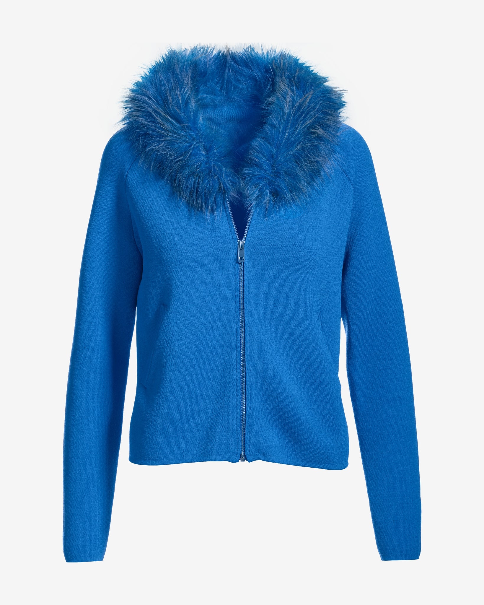 Faux Fur Collar Two Pocket Zip Up Sweater Strong Blue - Mycitystee