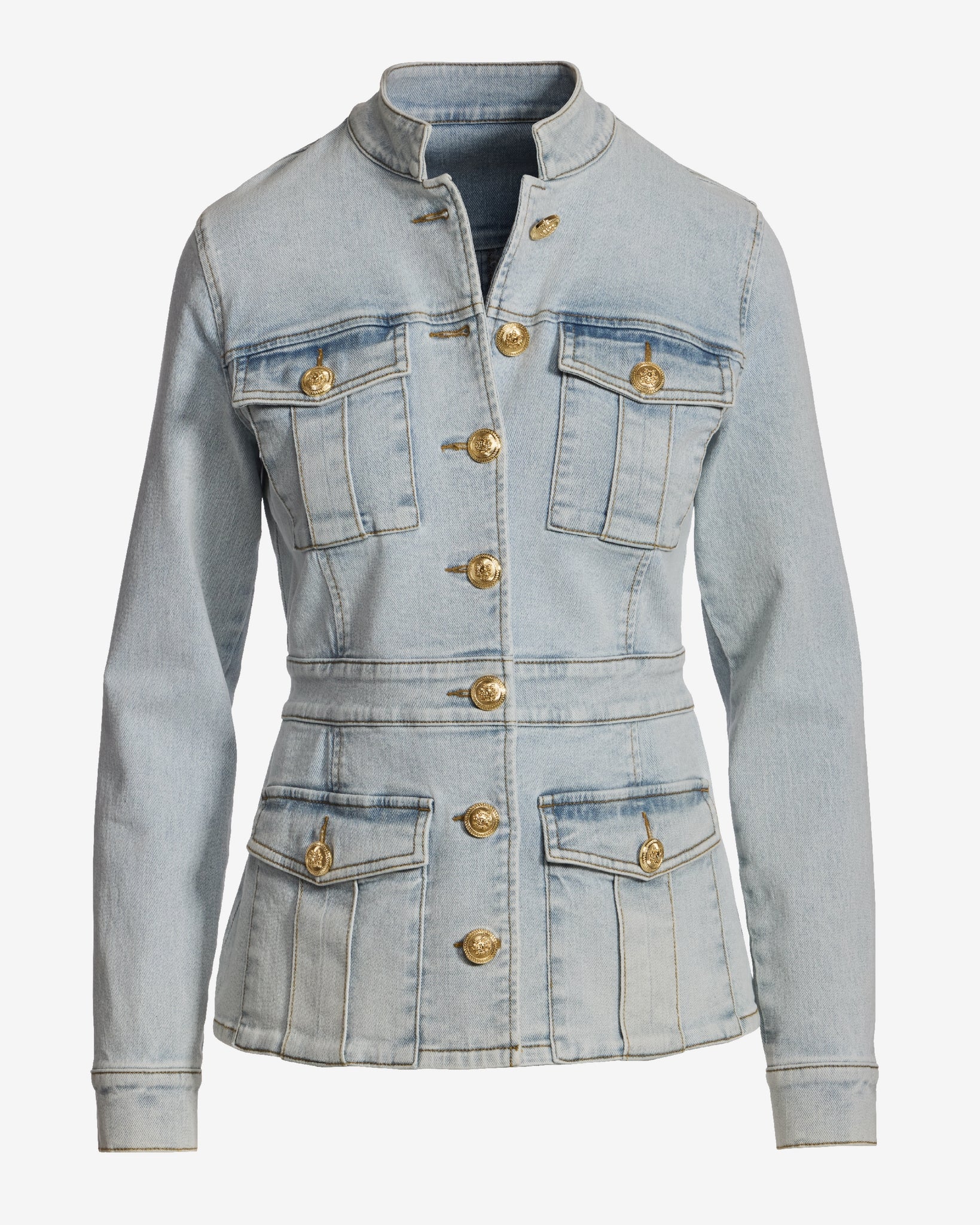 Crest Button Stretch Denim Luxe Utility Jacket Light Wash - Mycitystee