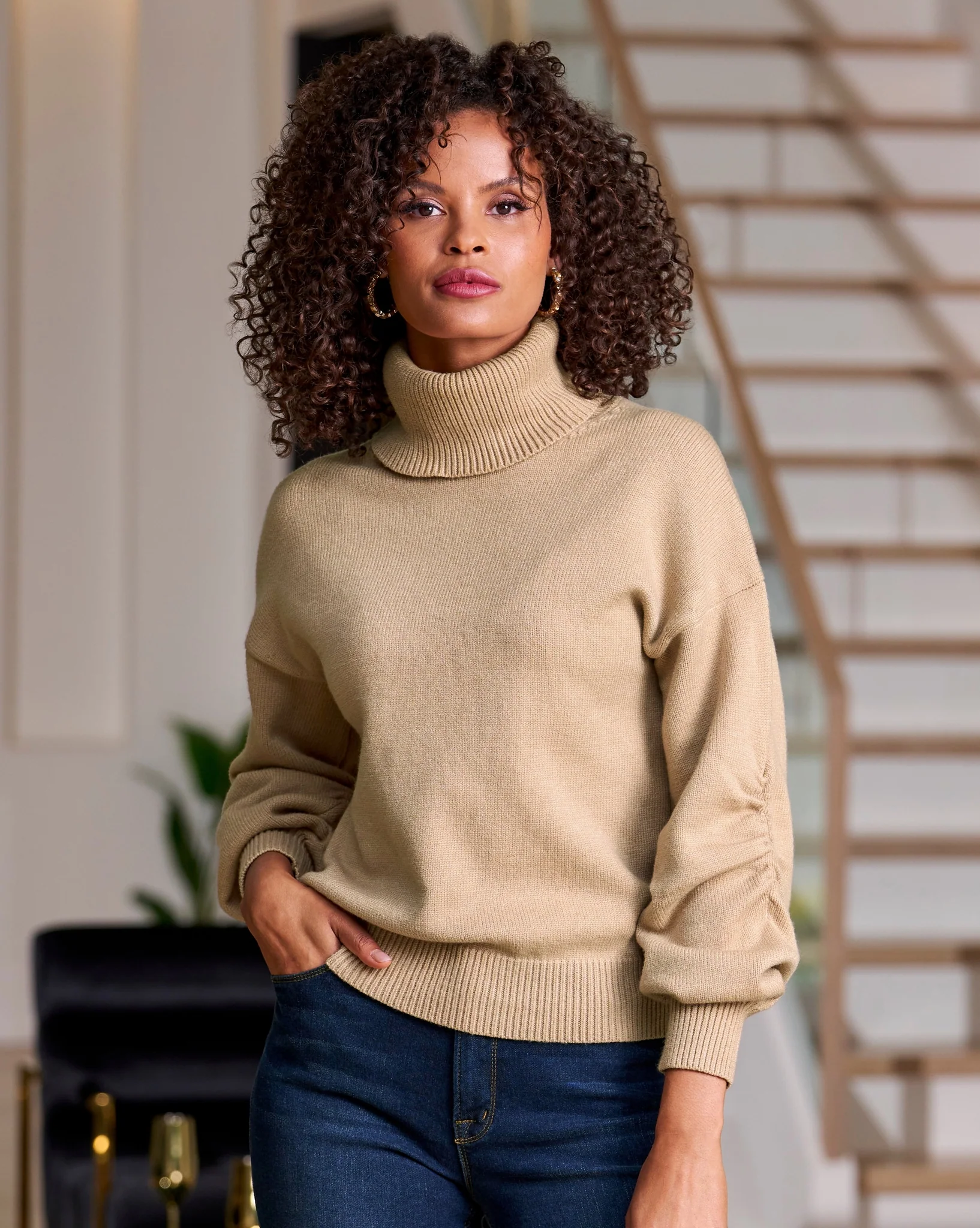 Ruched Sleeve Turtleneck Sweater Sesame - Mycitystee