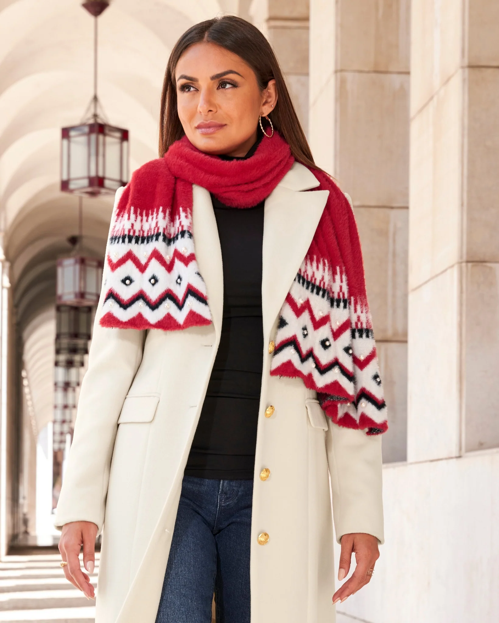 Pearl Embellished Scarf Red Multi - Mycitystee