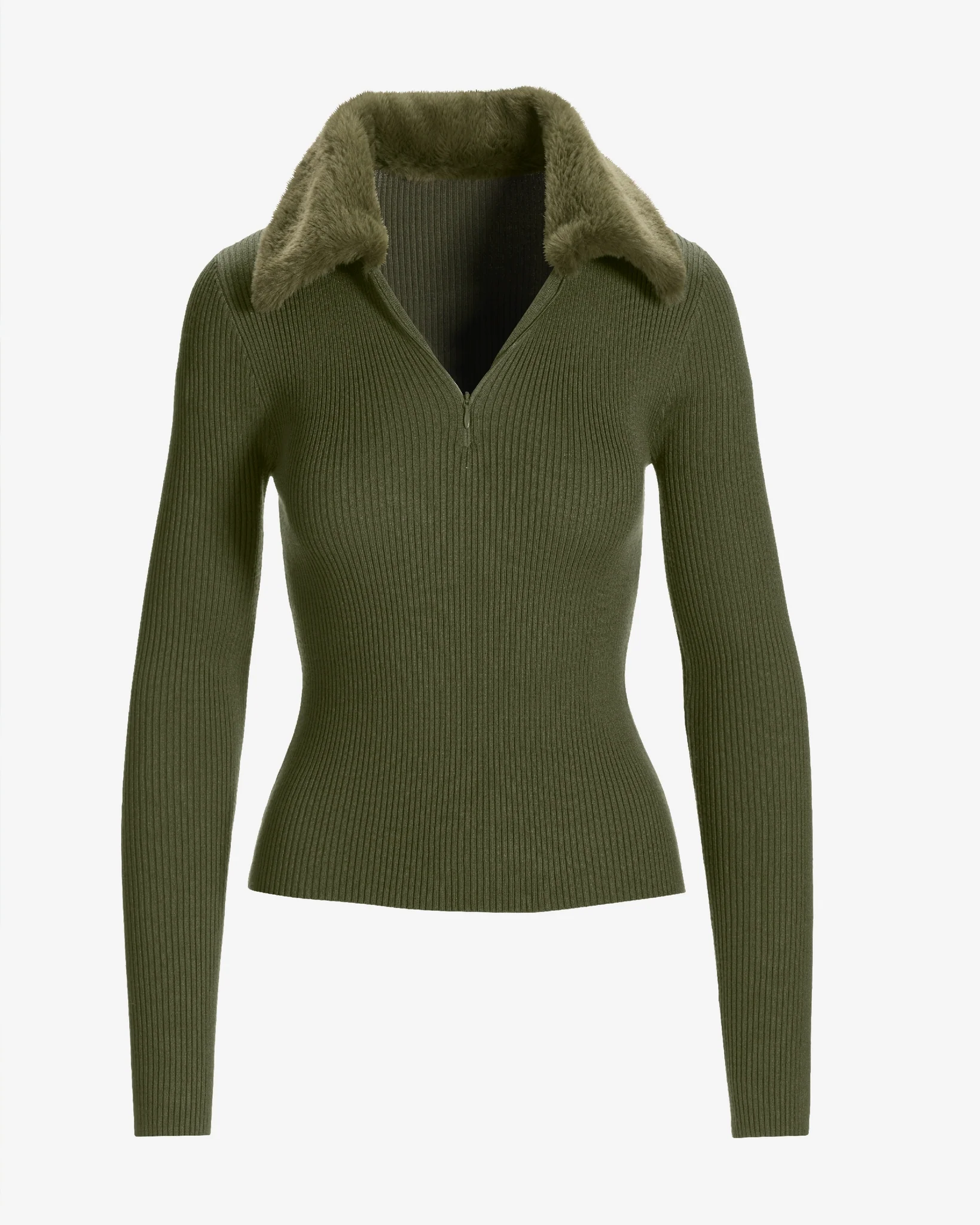 Faux Fur Collar Half Zip Ribbed Sweater Olive Night - Mycitystee