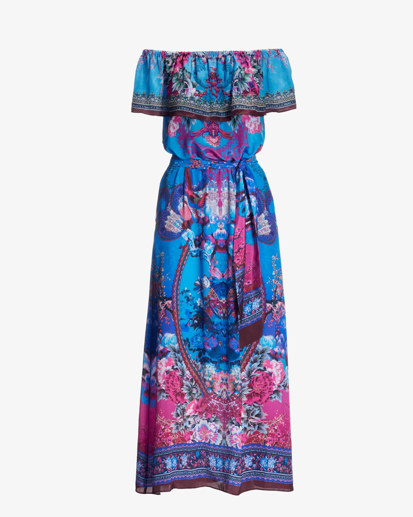 Floral Border Print Ruffle Off The Shoulder Maxi Dress Blue Multi - Mycitystee
