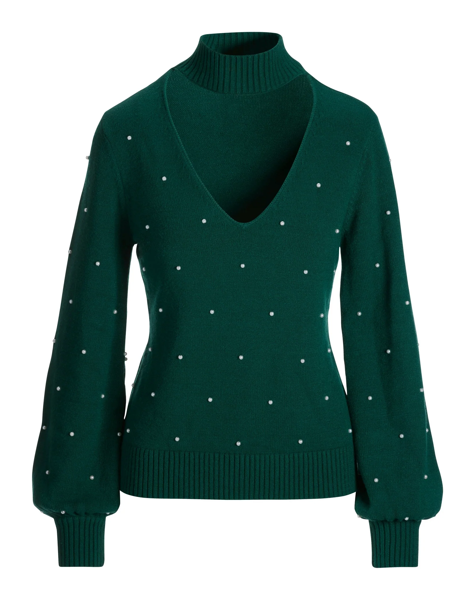 All Over Pearl Embellished Keyhole Sweater Deep Emerald - Mycitystee