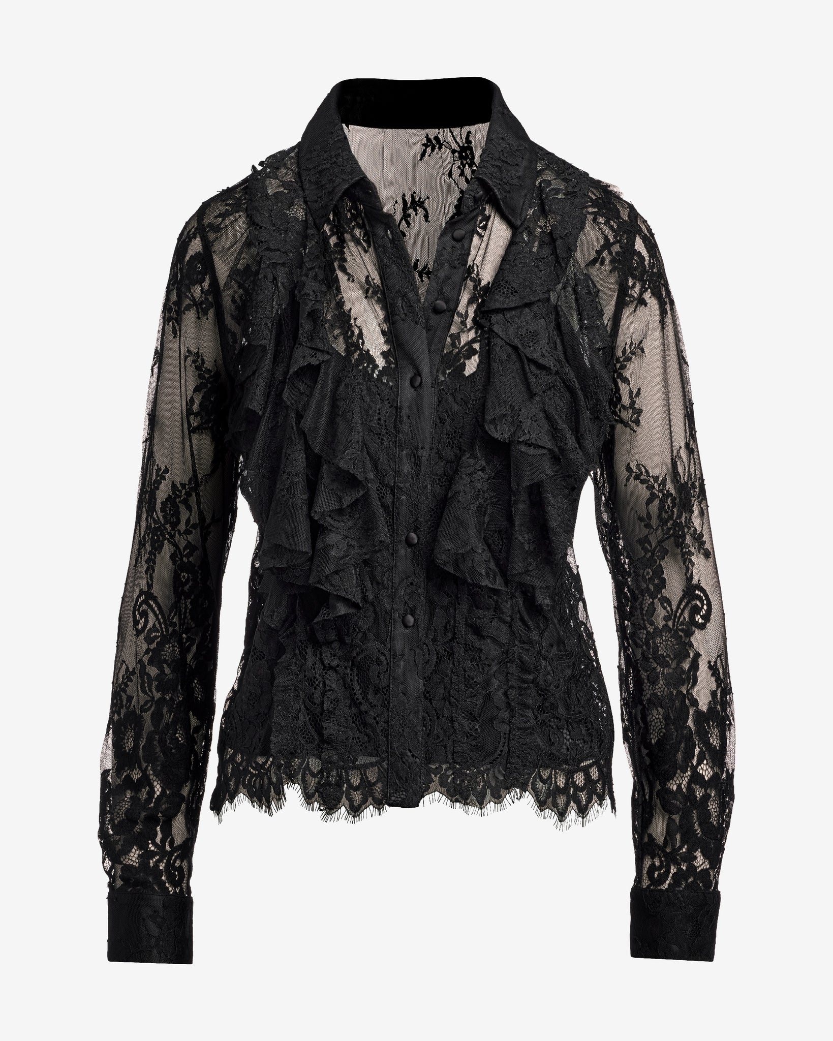 Ruffle Lace Button Up Shirt Black - Mycitystee