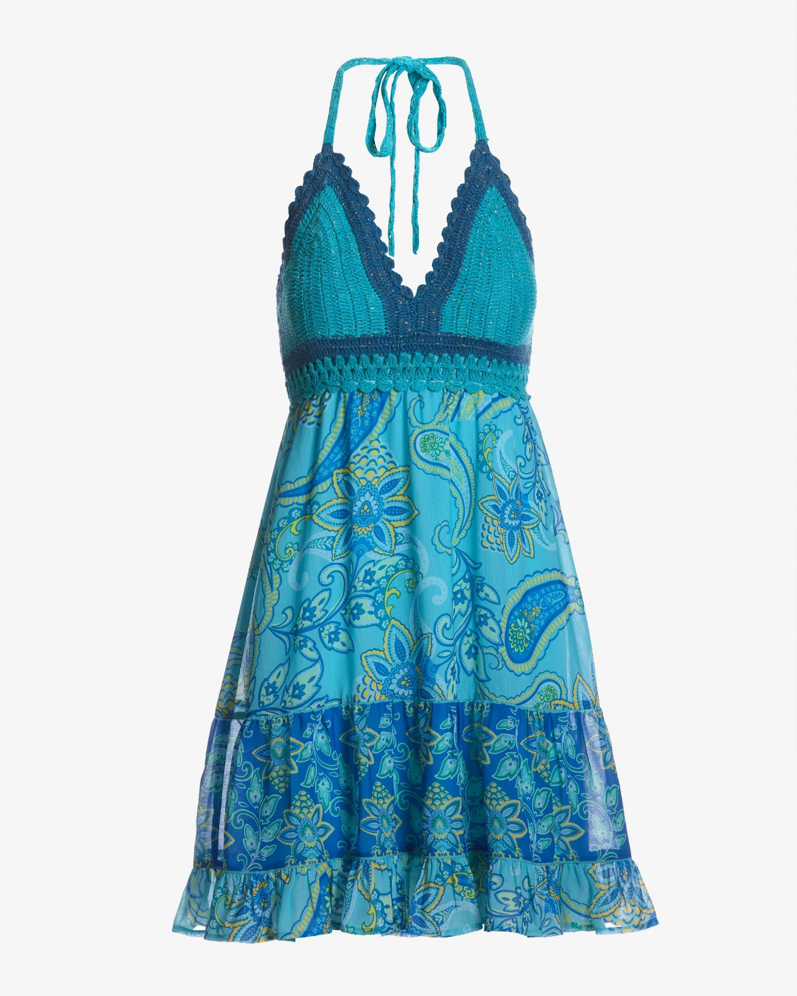 Montauk Paisley Print Crochet Halter Swing Dress Blue Multi - Mycitystee