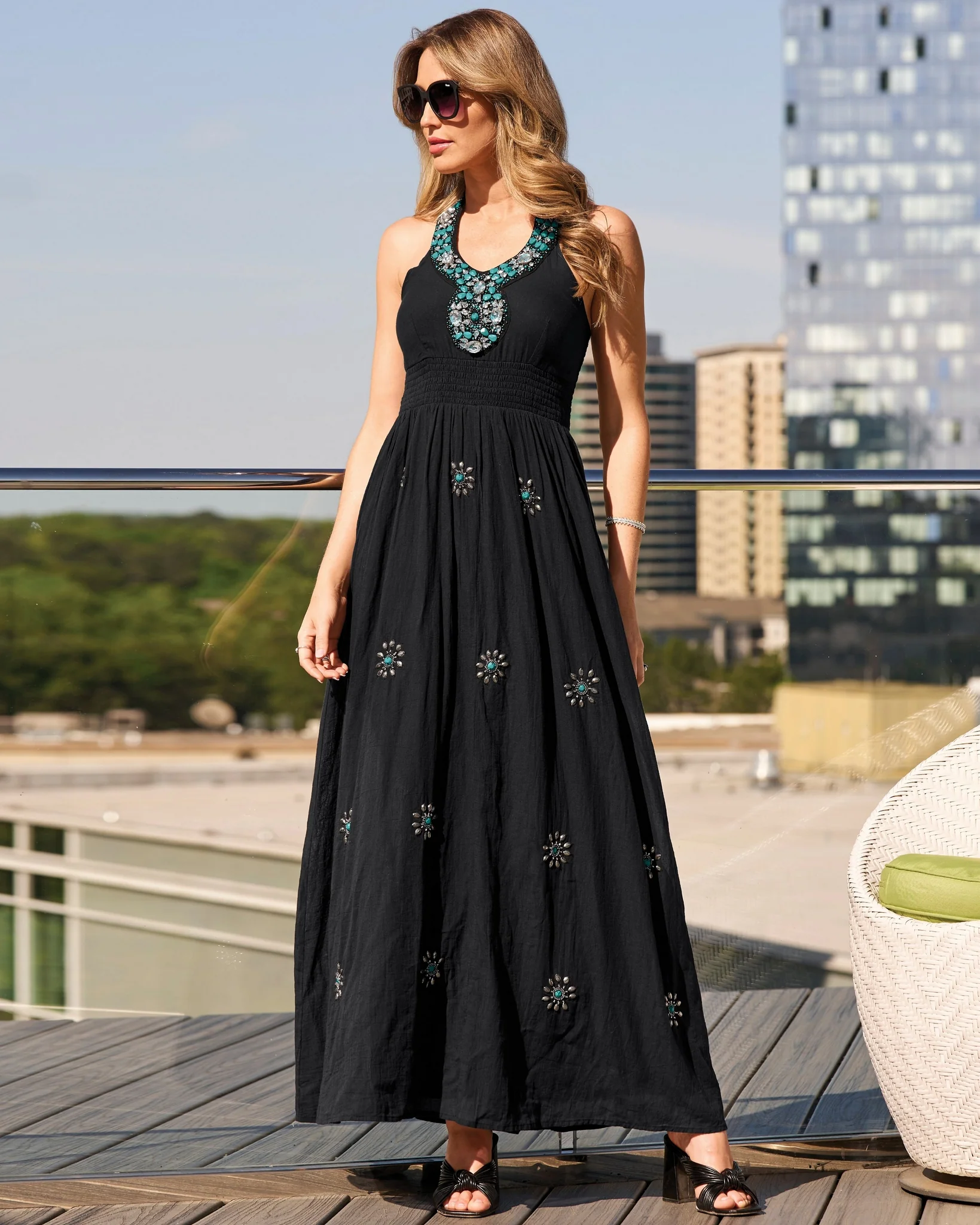 Turquoise Embellished Halter Maxi Dress Black - Mycitystee