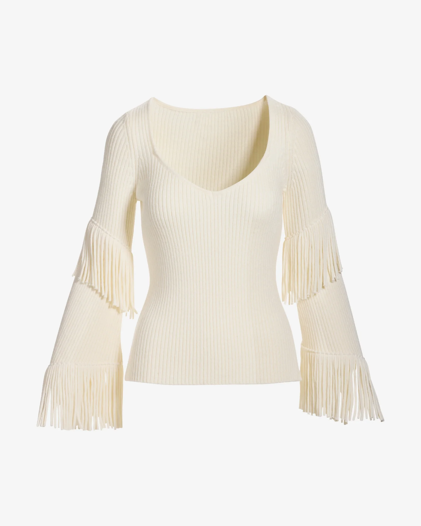 Fringe Sleeve Ribbed Sweater Off White - Mycitystee