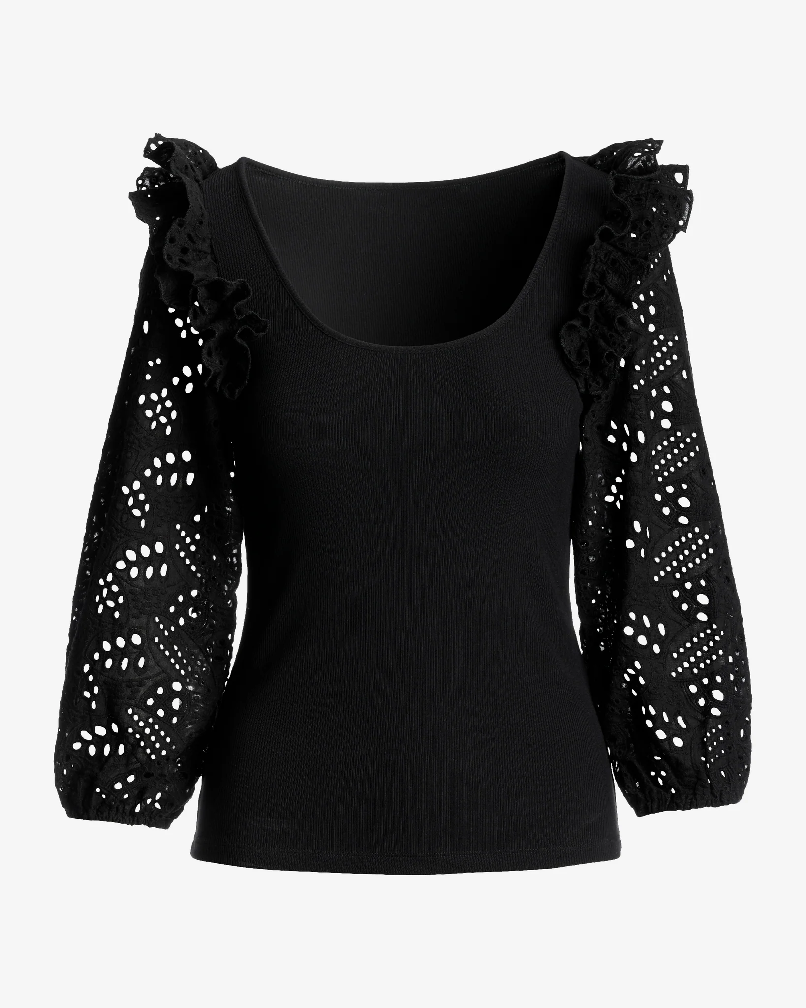 So Essential Ruffle Eyelet Sleeve Top Black - Mycitystee