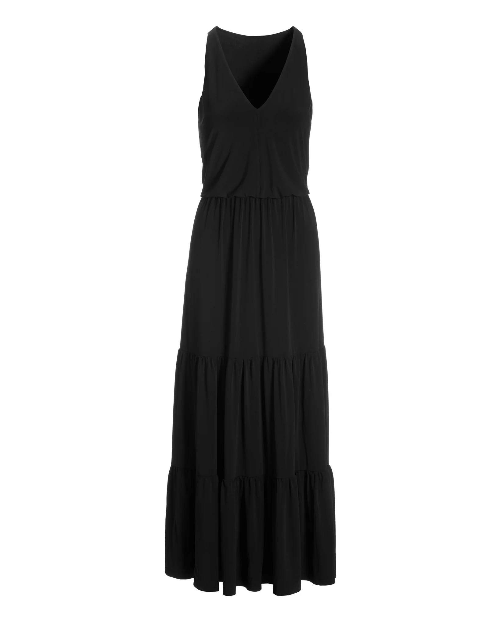 V Neck Blouson Tiered Knit Maxi Dress Black - Mycitystee