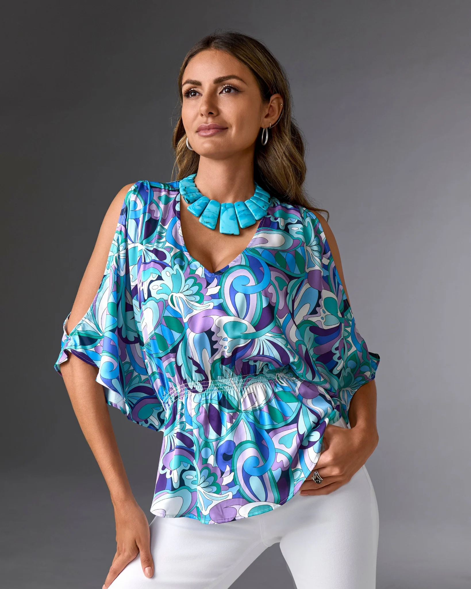 Print Cold Shoulder Blouson Blouse Maldives Abstract - Mycitystee