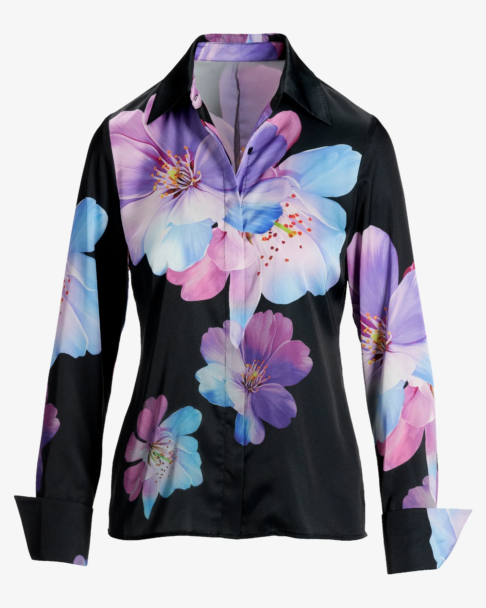 Bluebell Fleurs Print Sophia Button Up Charmeuse Blouse Purple - Mycitystee